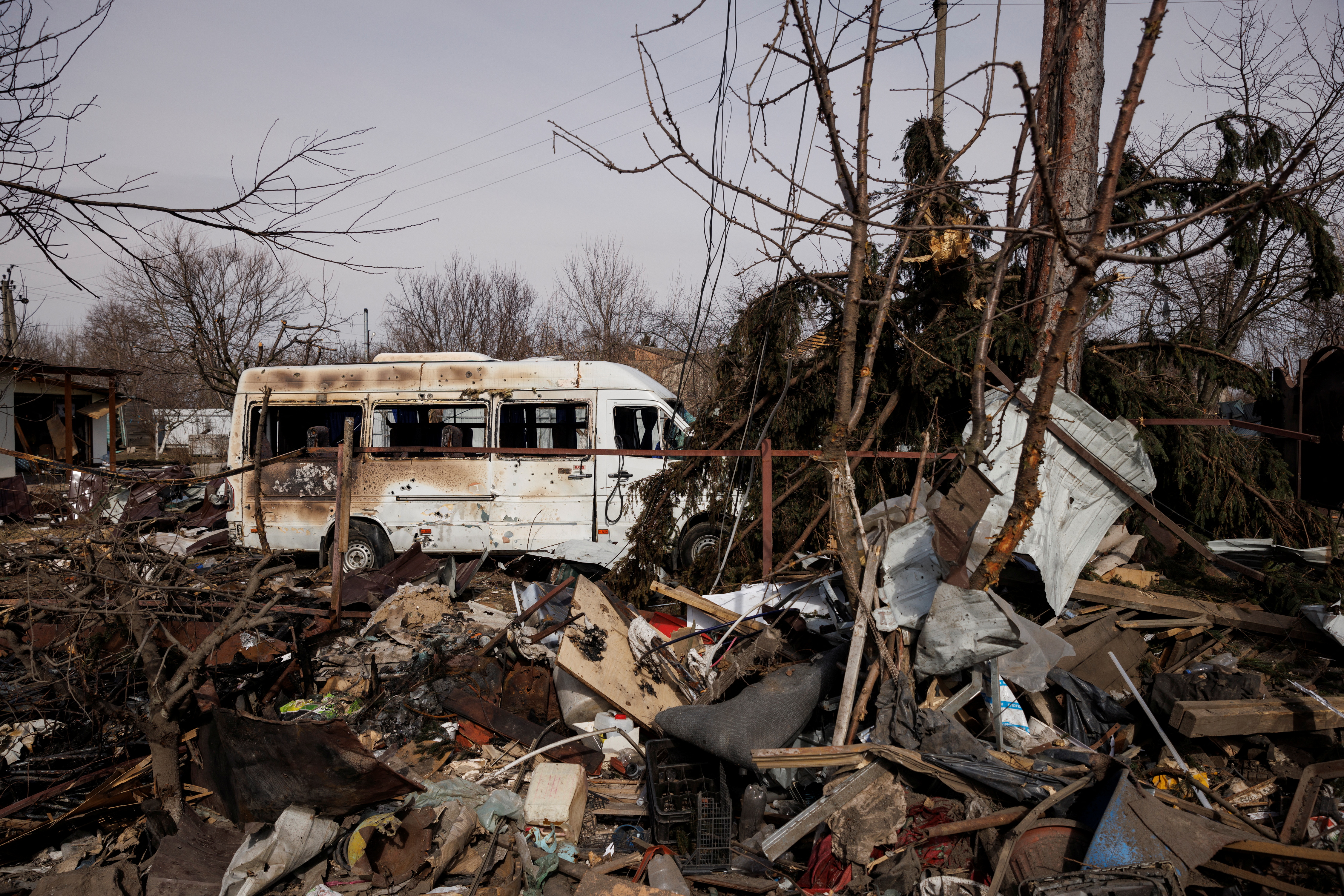 The debris of damaged houses, destroyed during a Russian aerial bombing in the village of Byshiv outside Kyiv, Ukraine.