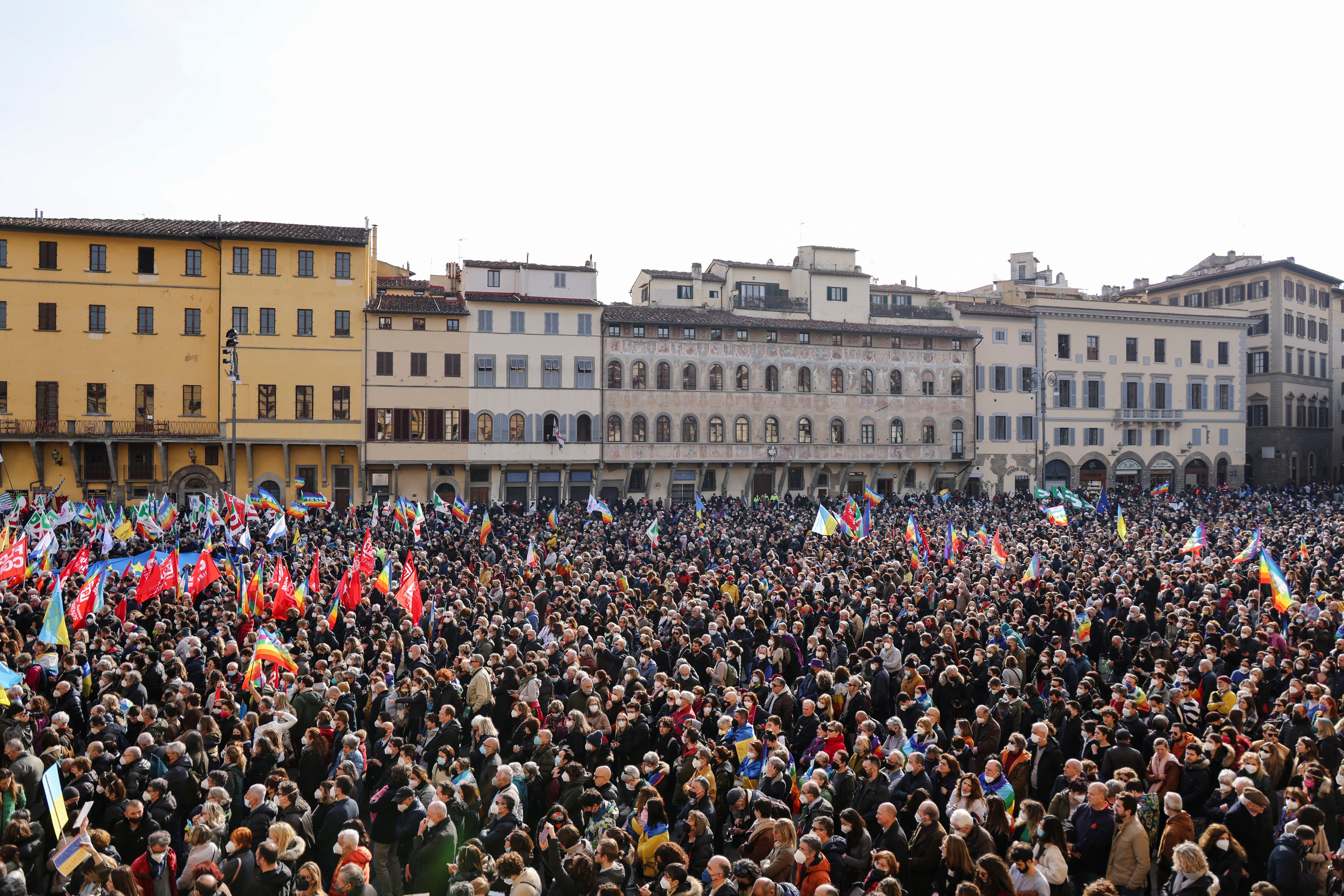 Demonstrators gather in Santa Croce square to protest against the Russian invasion of Ukraine, in Florence, Italy, March 12, 2022.