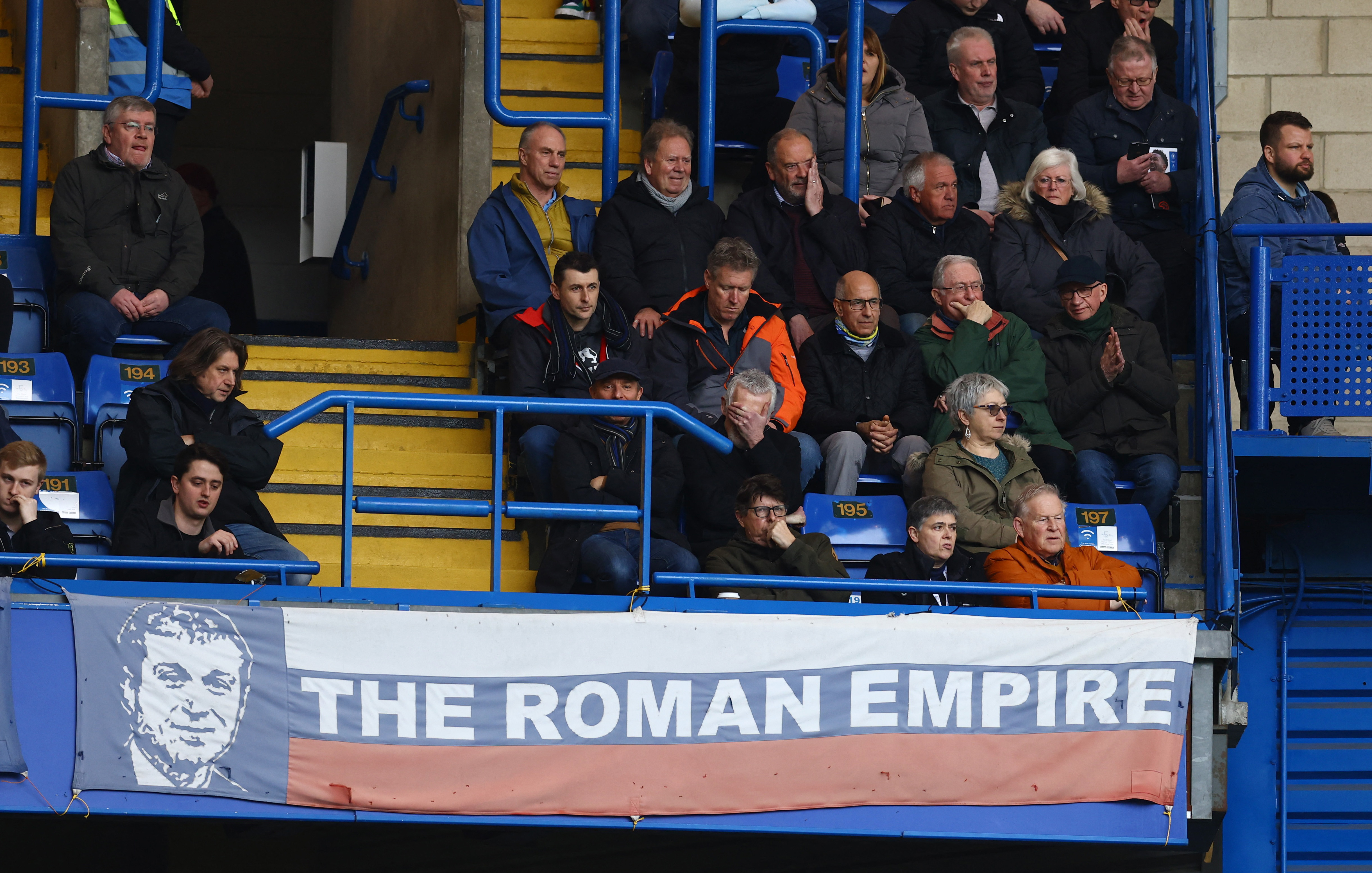 View of a banner in reference to Roman Abramovich inside the stadium.