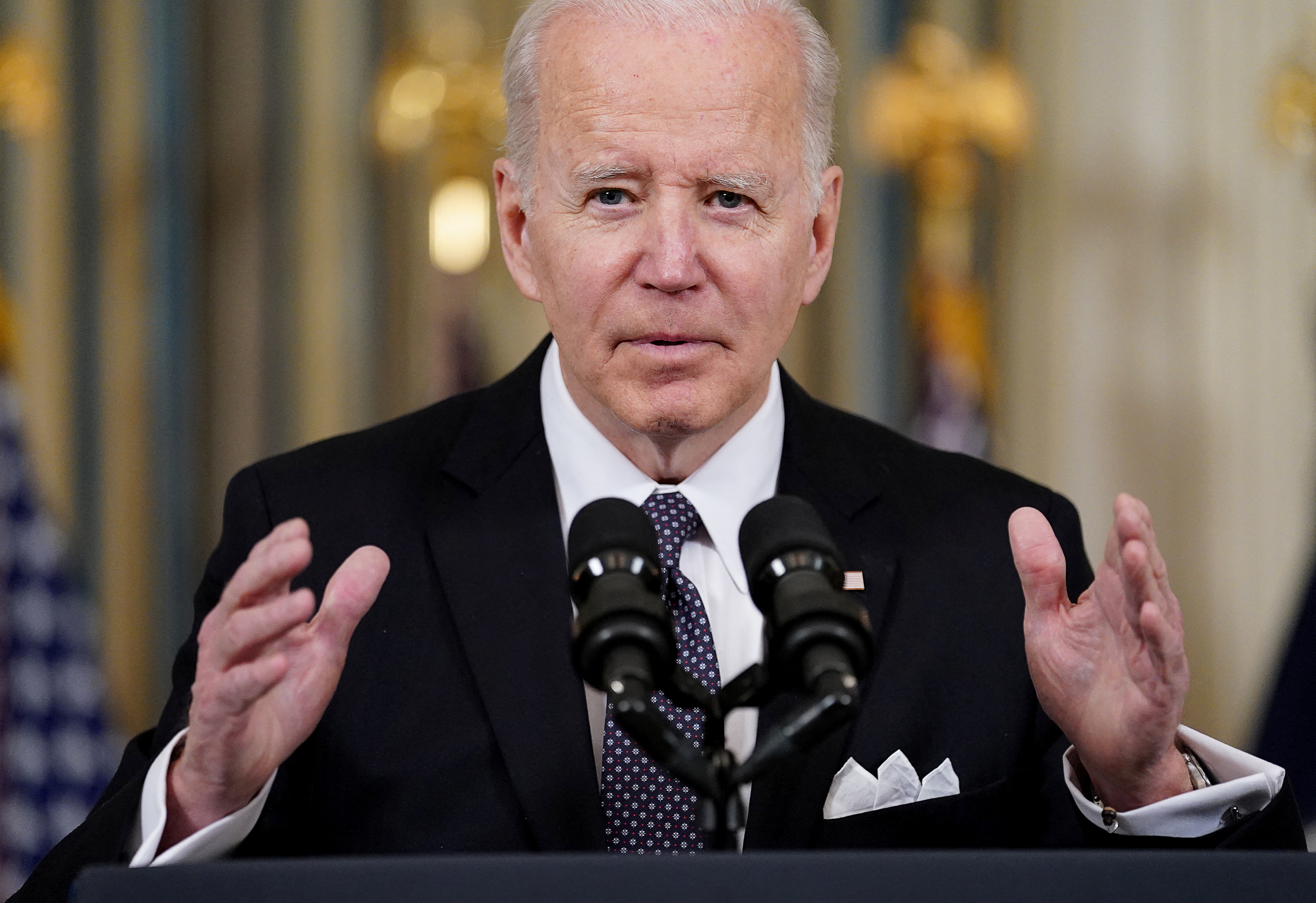 US President Joe Biden announces his budget proposal for fiscal year 2023, in the State Dining Room at the White House in Washington, US.