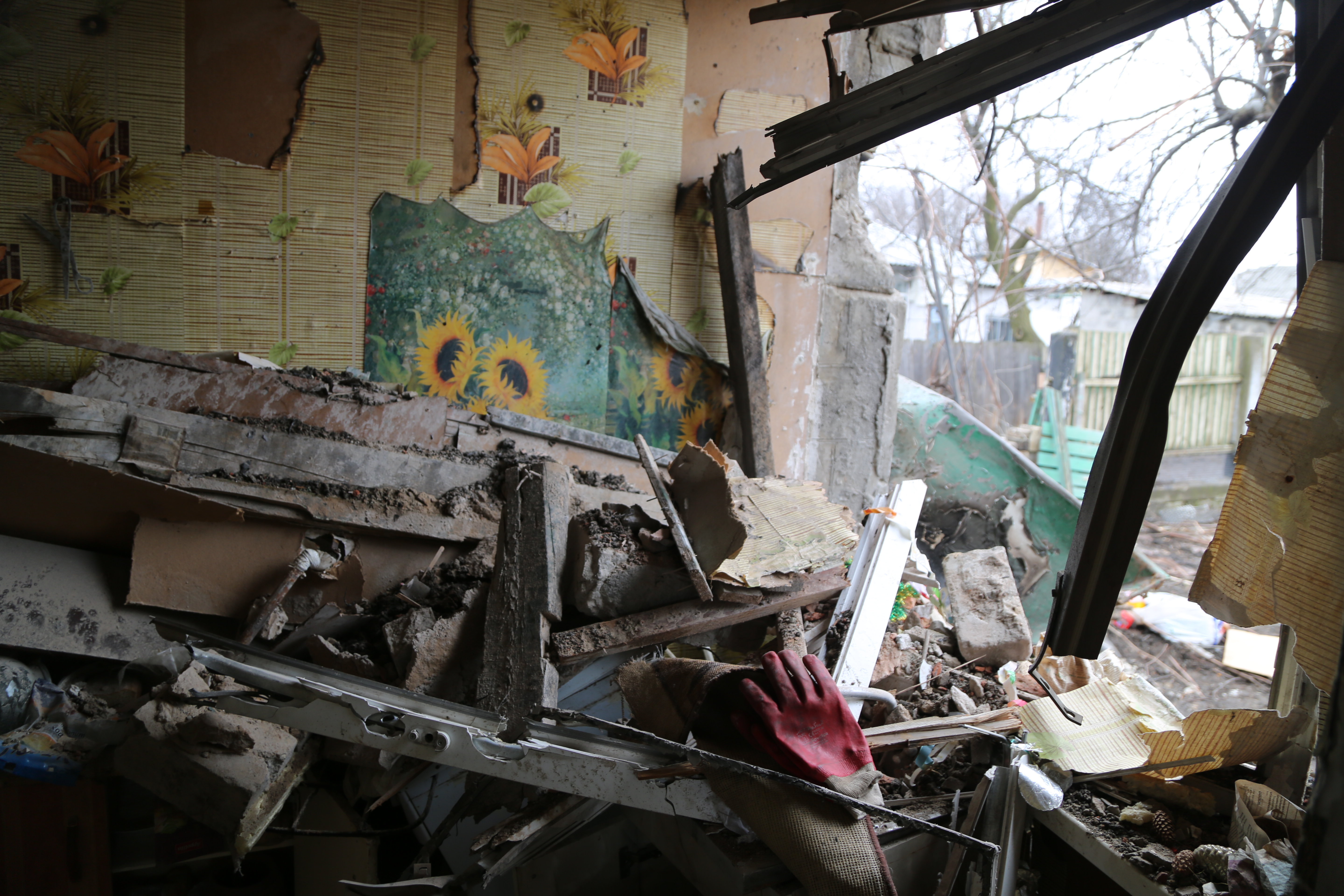 Damaged building is seen in Donetsk's Petrovskaya, which is under control of pro-Russian separatists, as Russian attacks continue in Ukraine