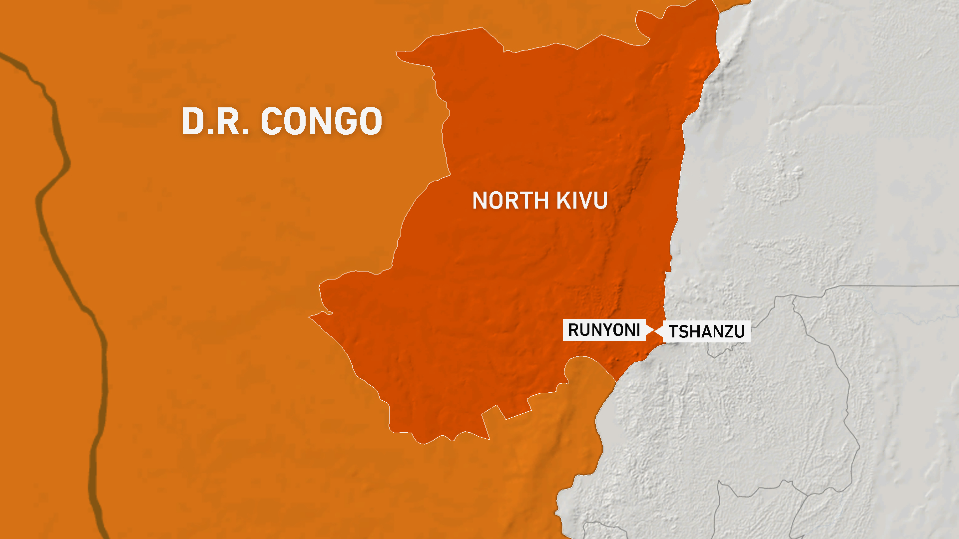 Map showing the villages of Tshanzu and Runyoni in eastern DR Congo