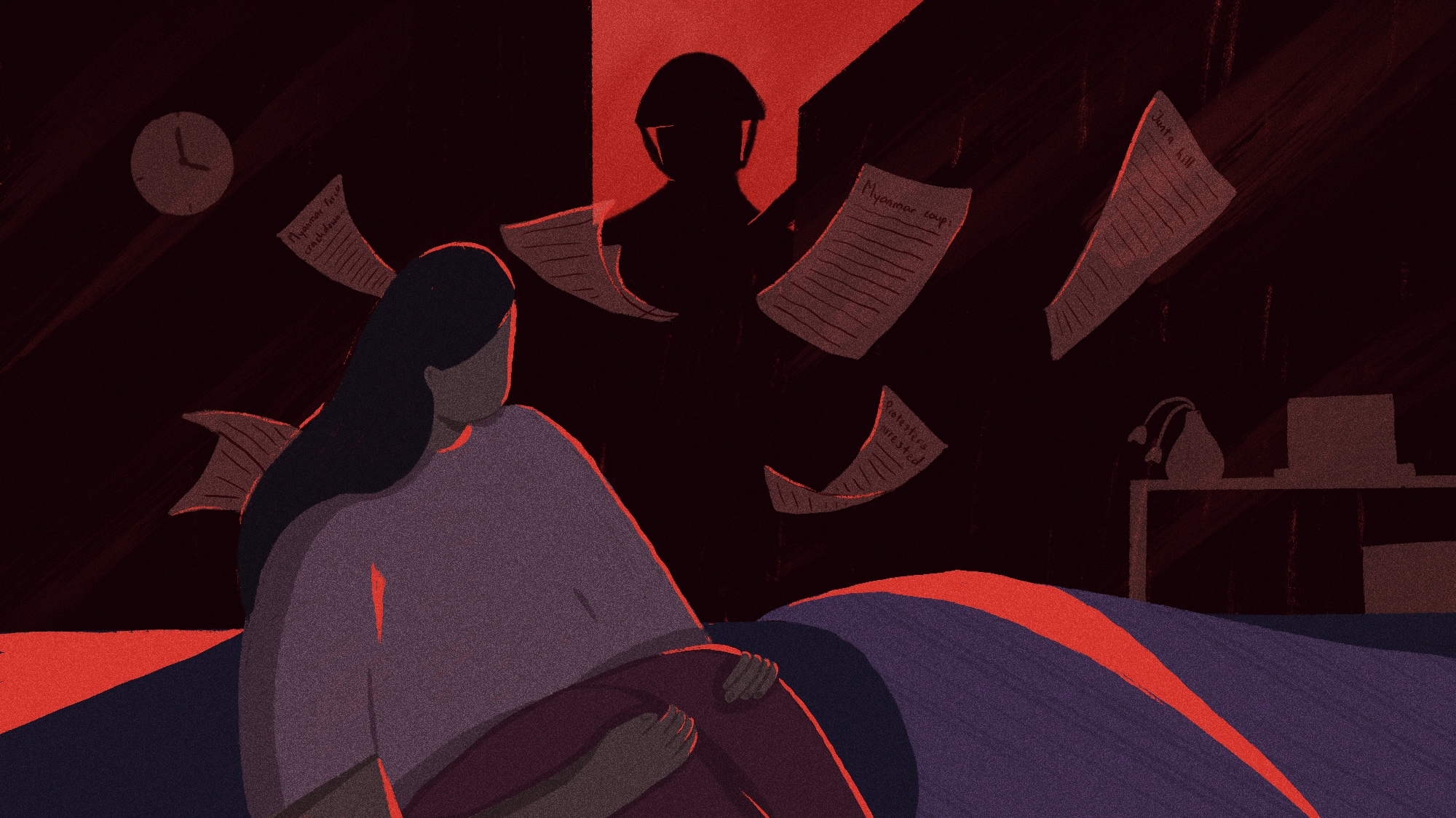 Illustration by JC of a woman huddled alone in the dark with pages floating in the air around her and the silhouette of a soldier against the wall.