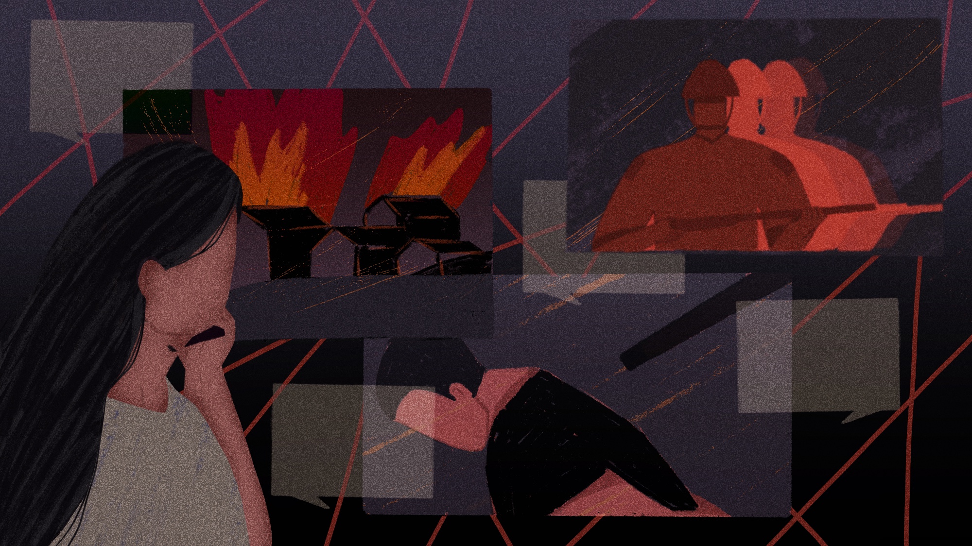 Illustration by JC of woman holding her face with one hand as she watches a man on his knees, with the barrel of a gun to his bowed head. In the background sits a frame of houses burning and another with the silhouette of three soldiers.