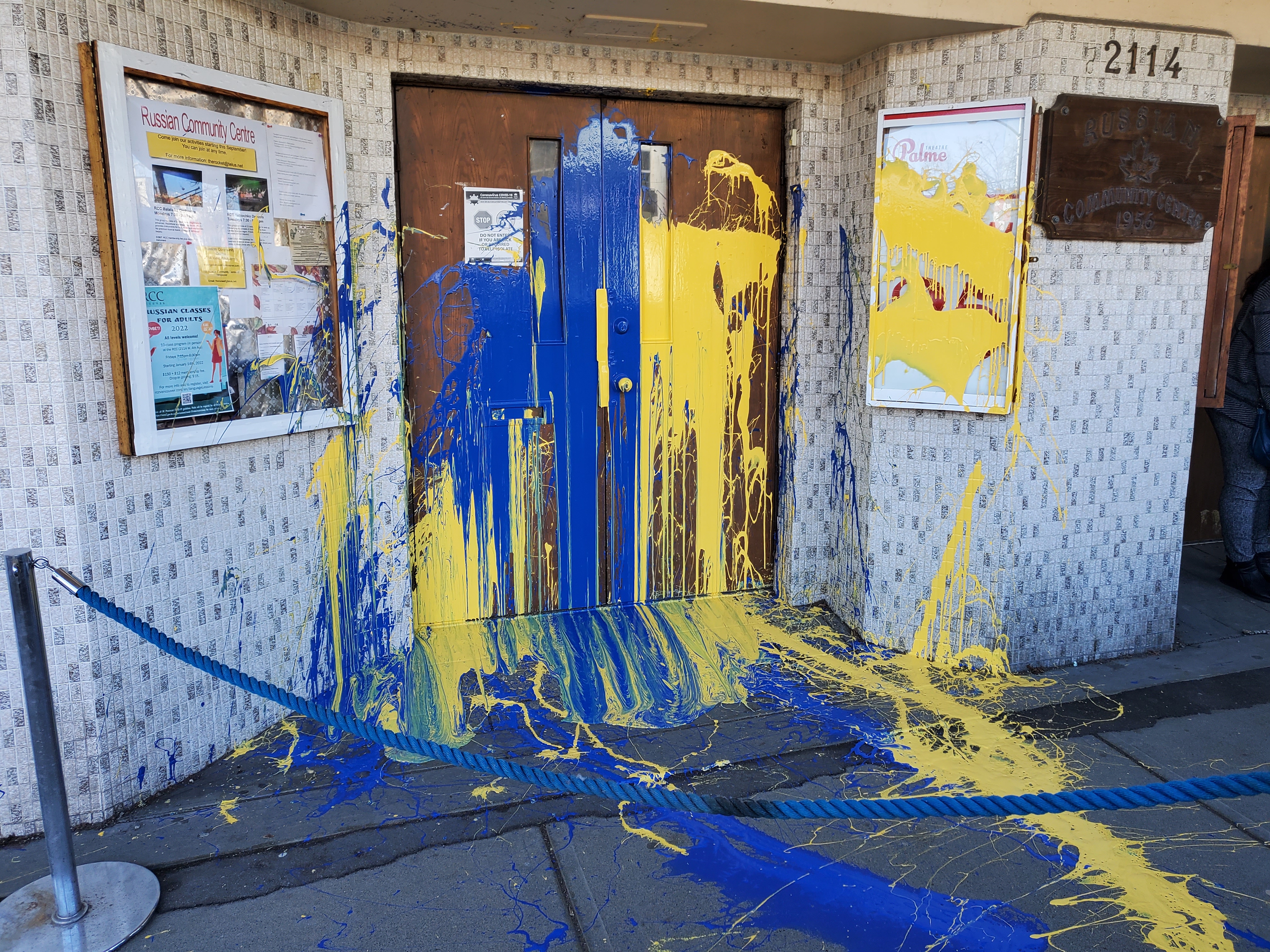 Blue and yellow paint was thrown at the door of the Russian Community Centre in Vancouver, Canada