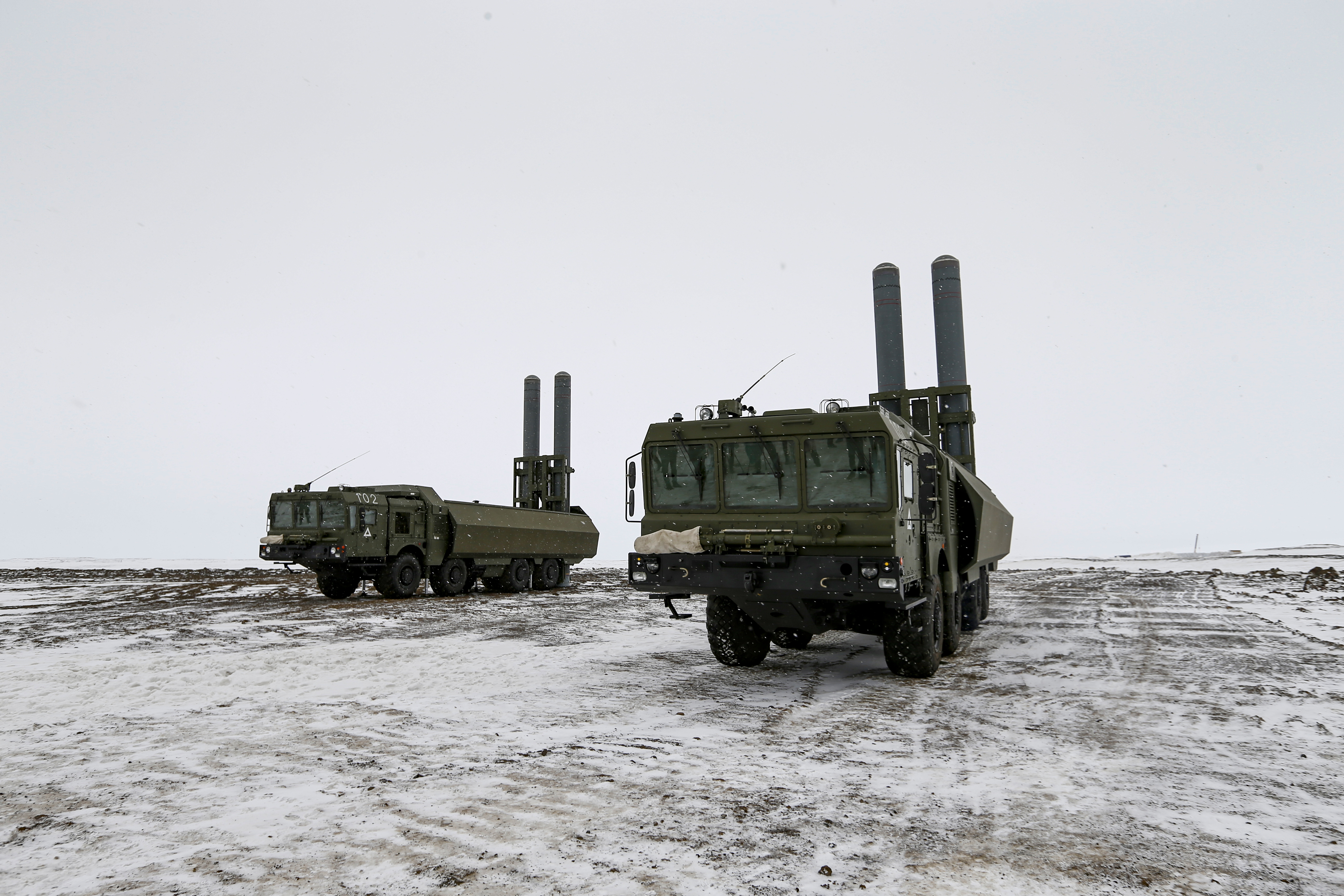 The Bastion anti-ship missile systems take positions on the Alexandra Land island near Nagurskoye, Russia, Monday, May 17, 2021.