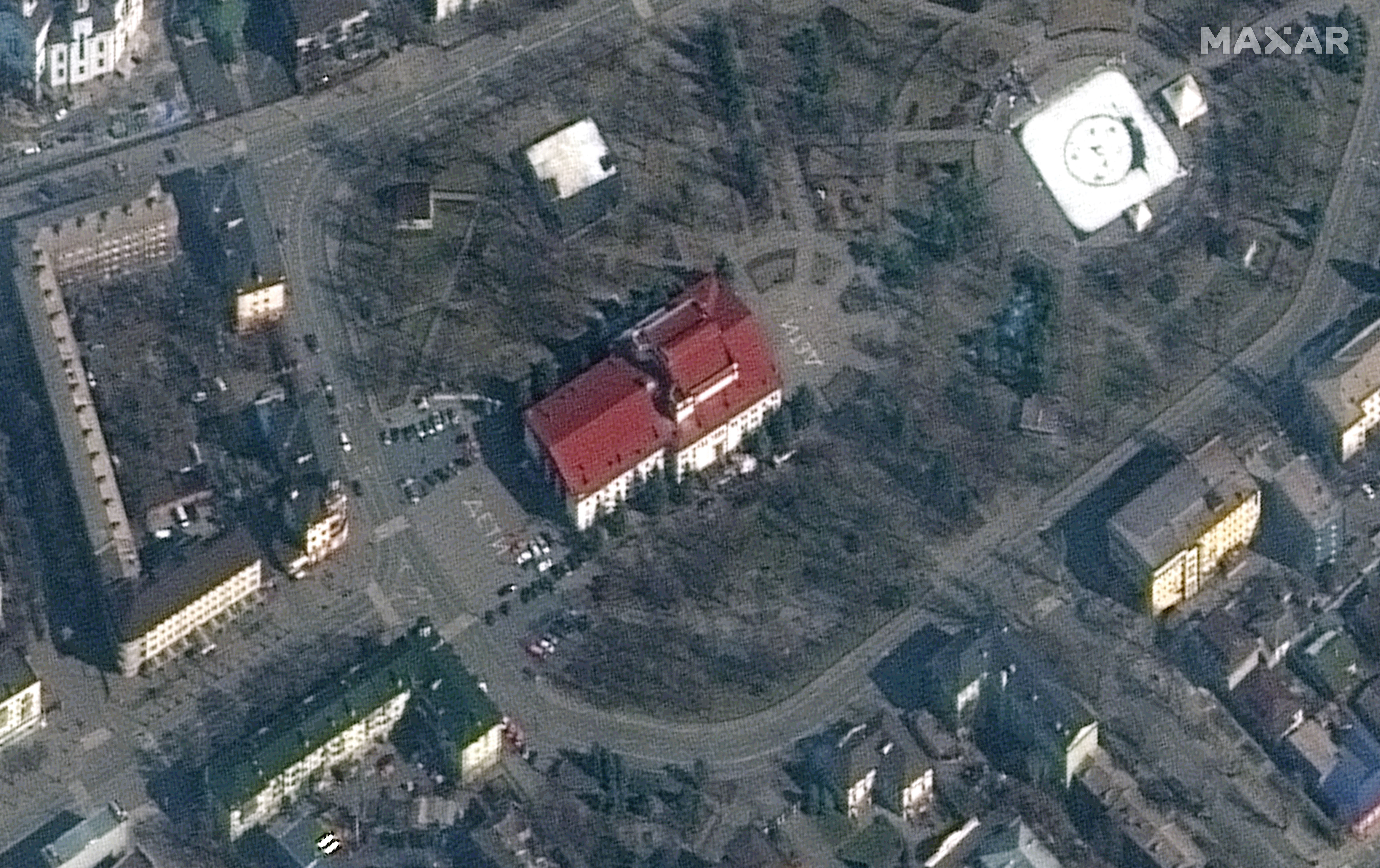 Satellite image provided by Maxar Technologies shows the Mariupol Drama Theater in Mariupol.