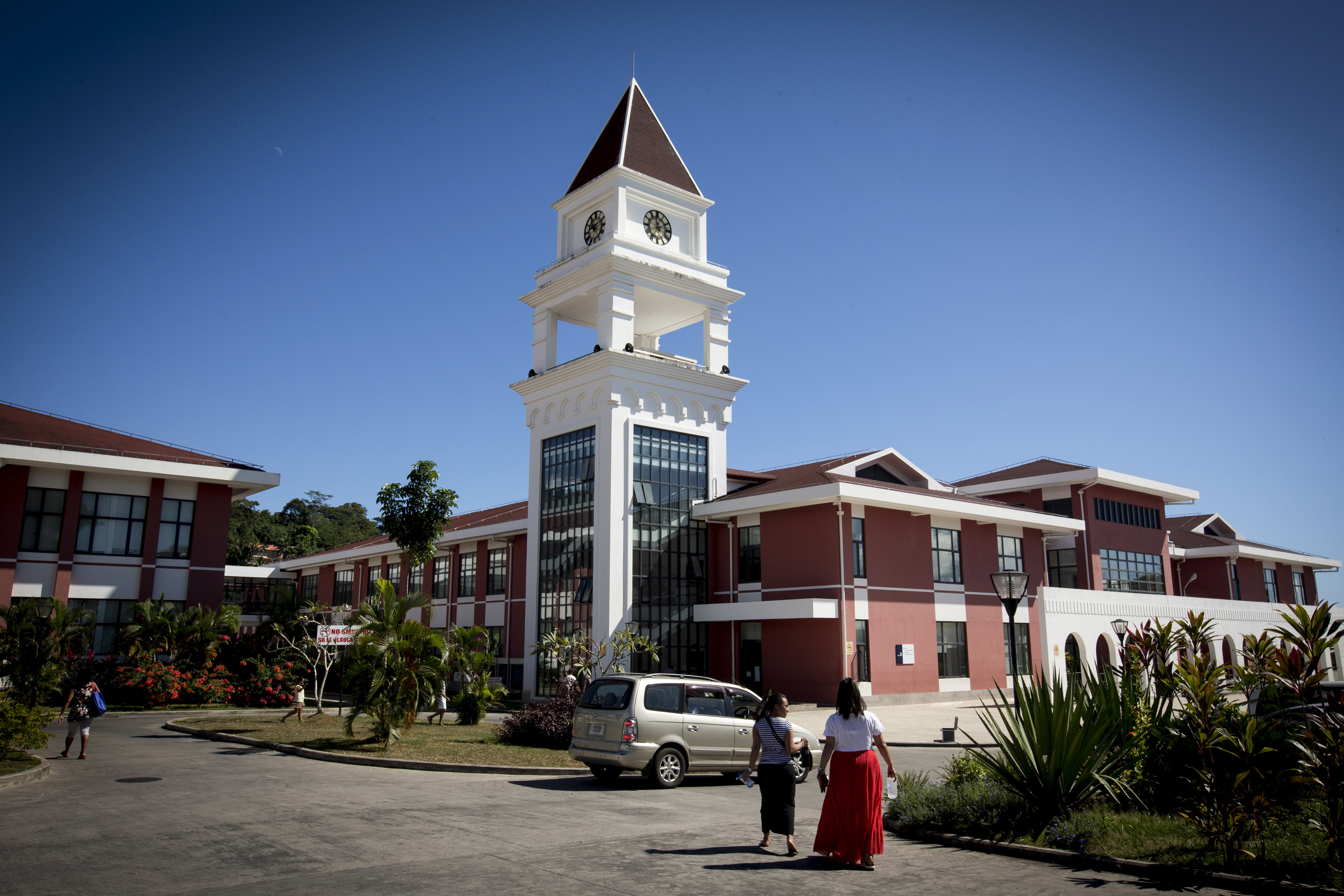 The Tupua Tamasese Meaule Hospital is pictured against a blue sky in Apia, Samo