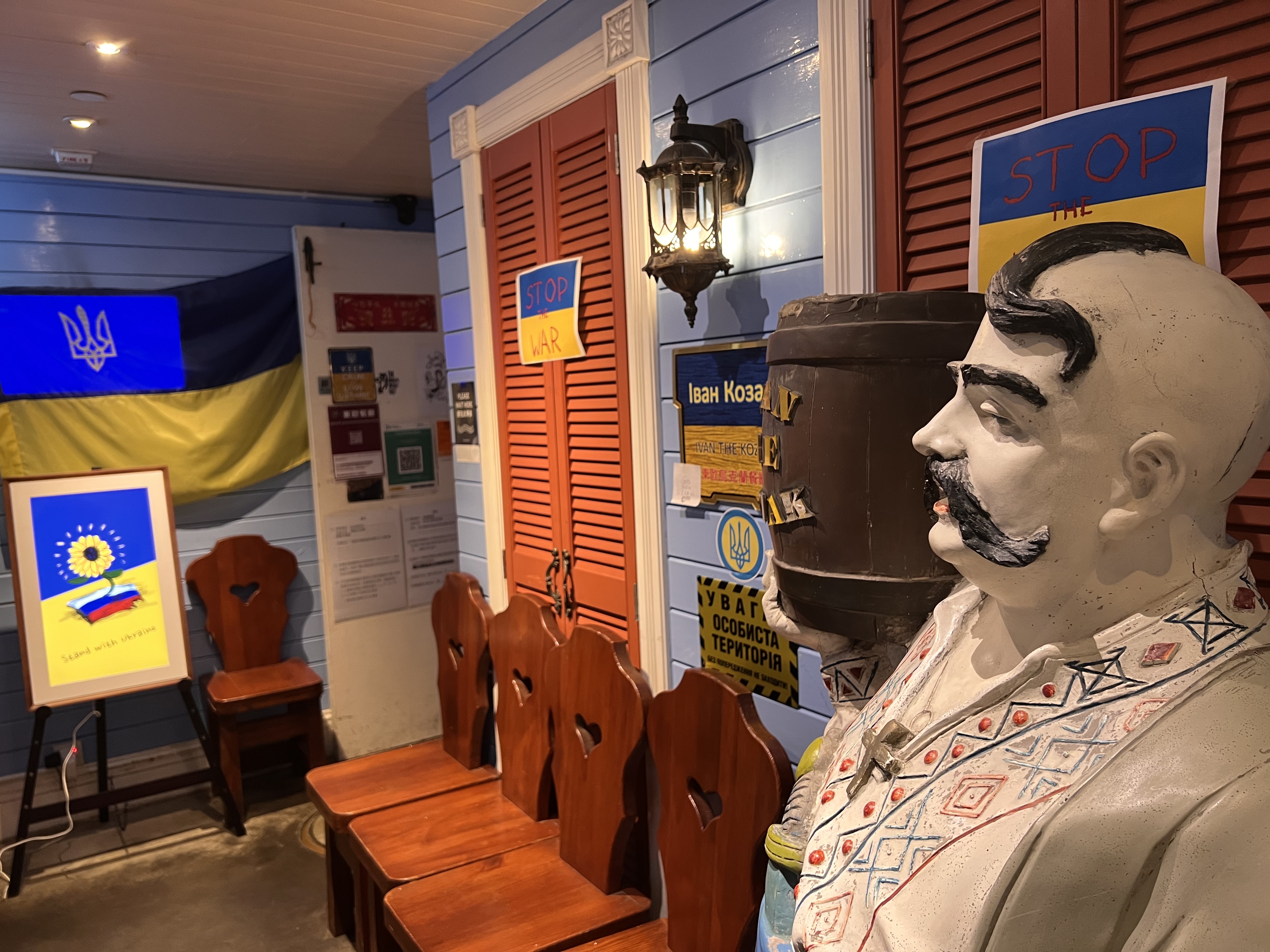 A statue showing a Ukrainian cossack at Ivan the Kozak restaurant in Hong Kong