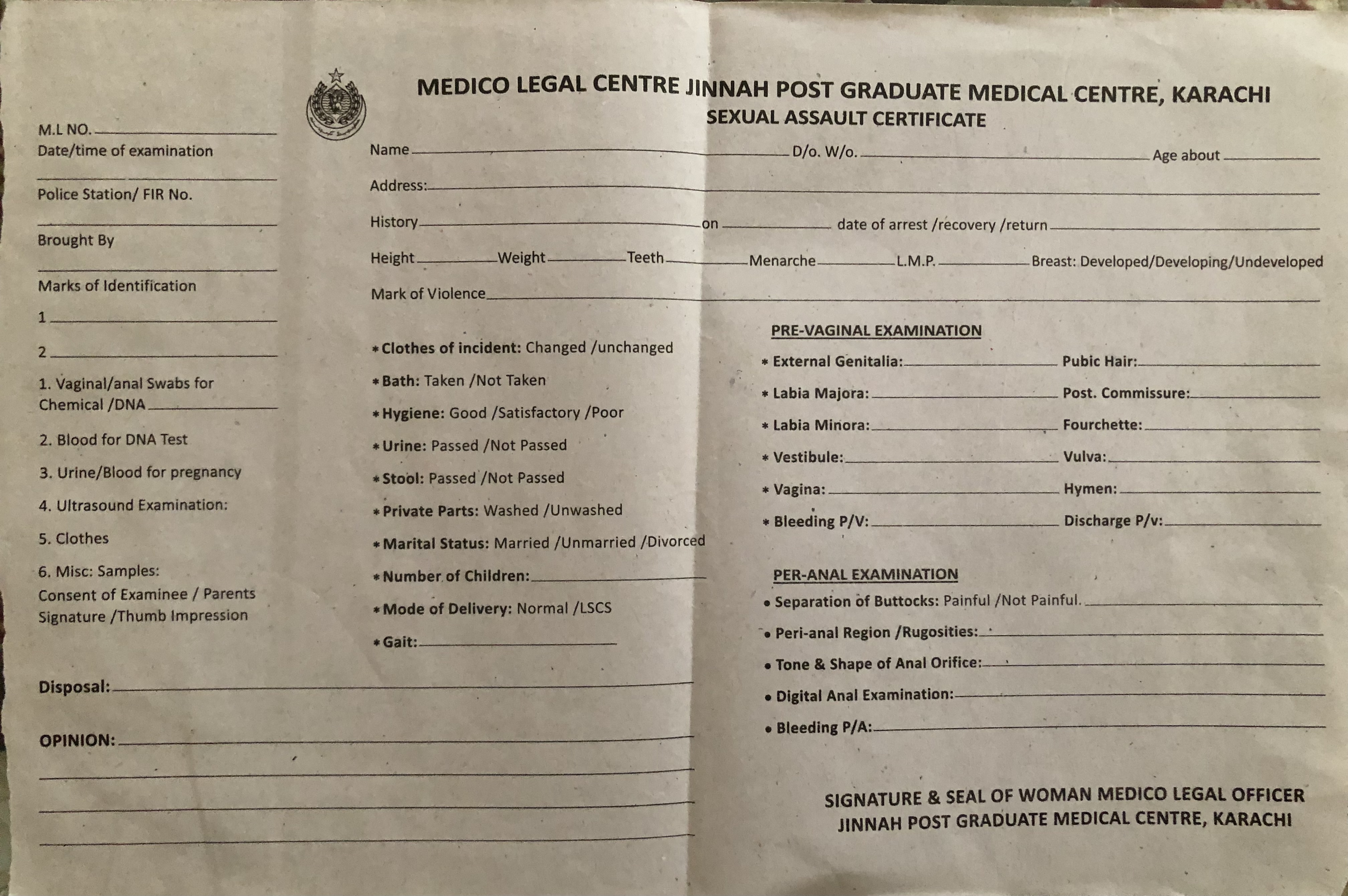 A form used at Jinnah Postgraduate Medical Centre to assess possible rape cases