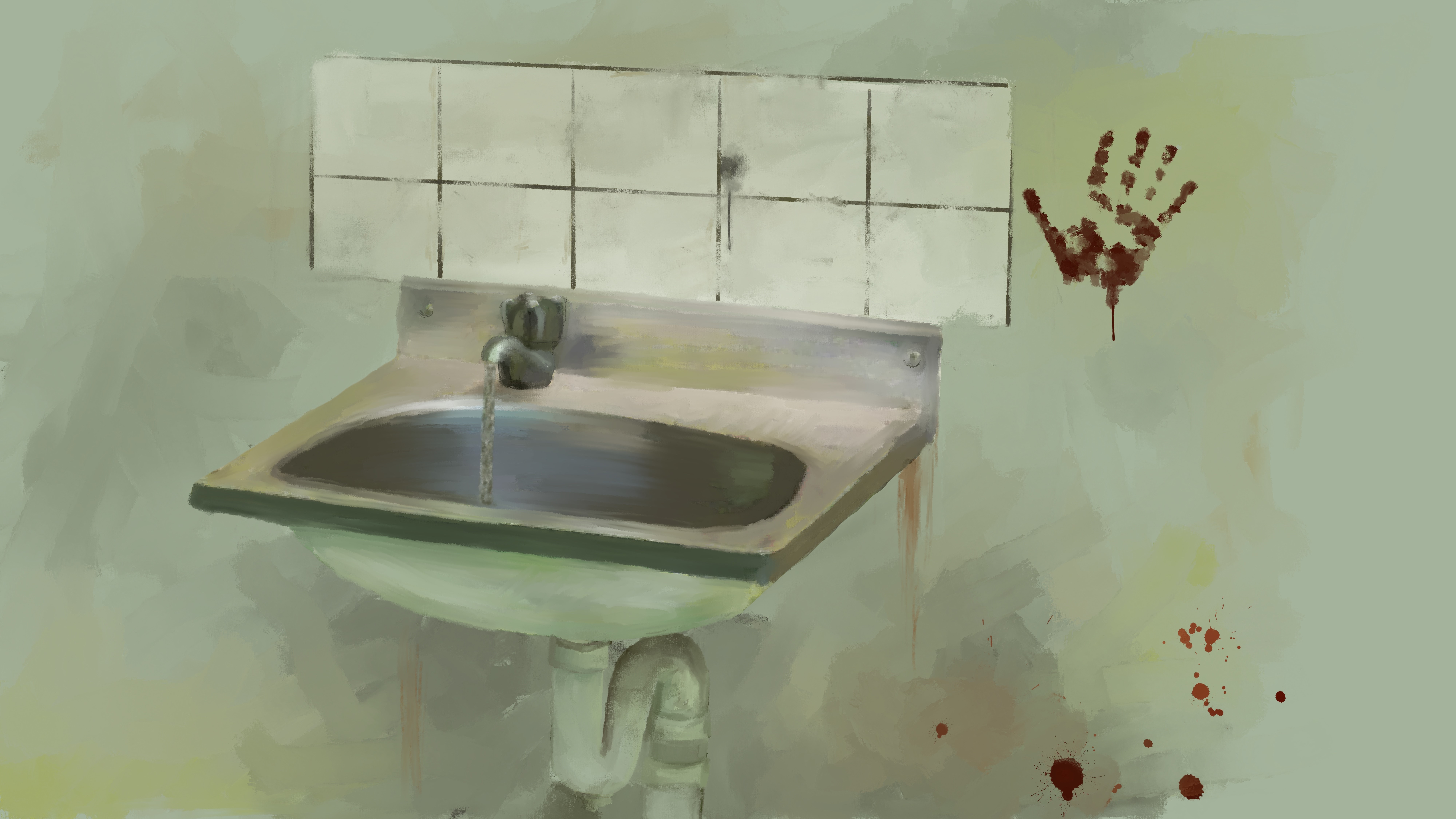 An illustration of a sink with a red handprint on the wall.