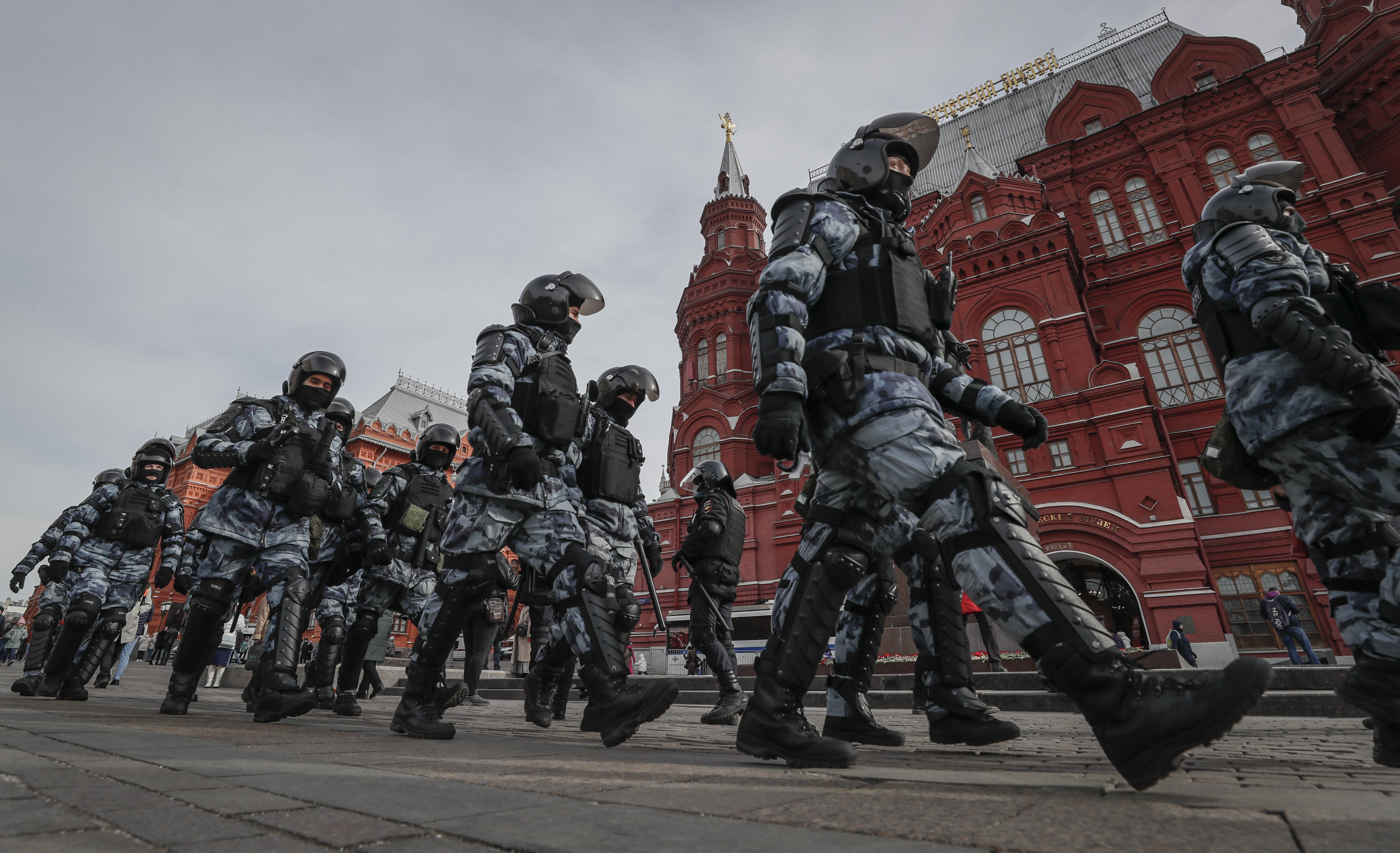 Russian policemen deploy prior to an unauthorized rally against the Russian special operation in Ukraine, in downtown Moscow