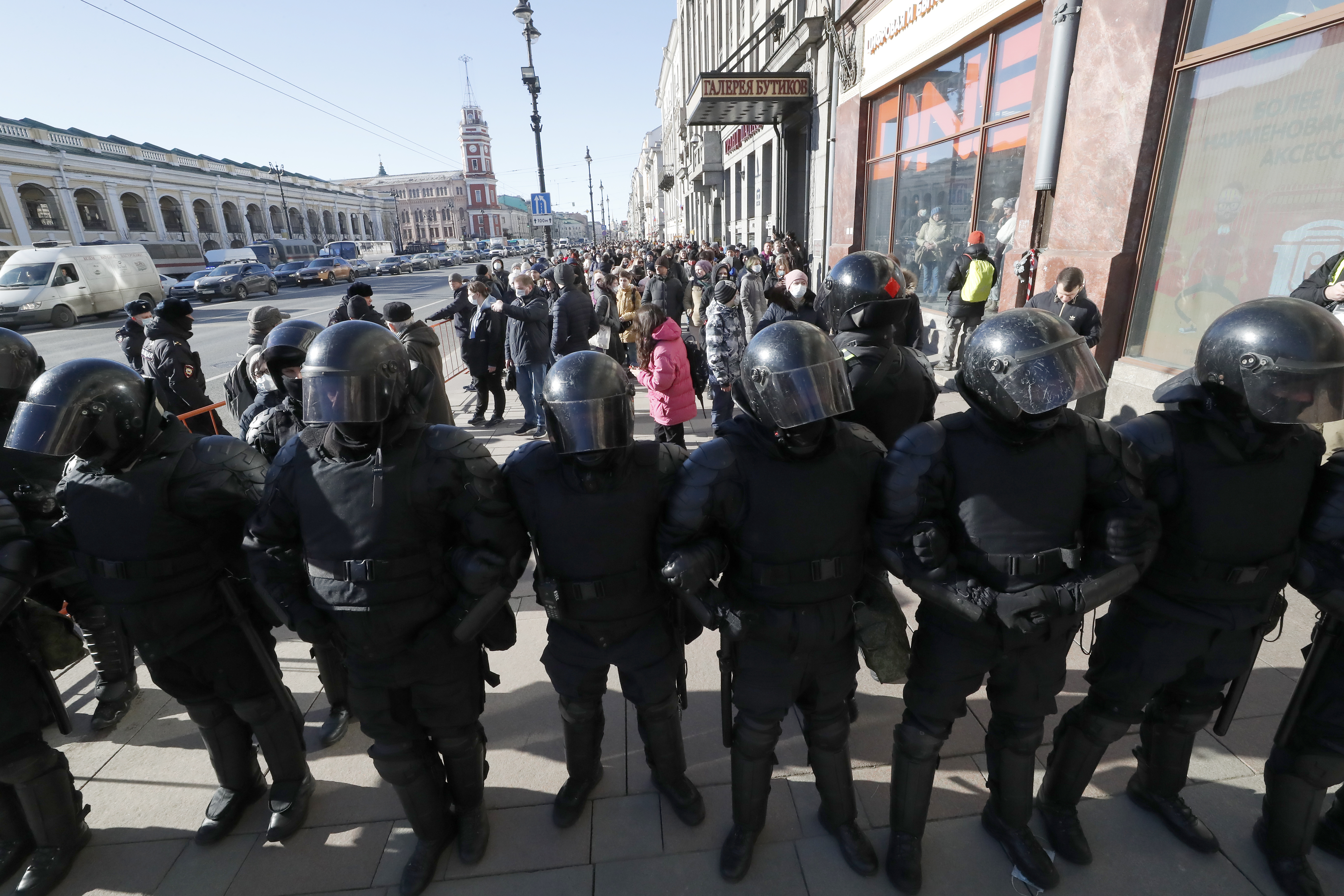Russian policemen block the Nevsky Prospekt during an unauthorized rally against the Russian military operation in Ukraine, in Saint Petersburg