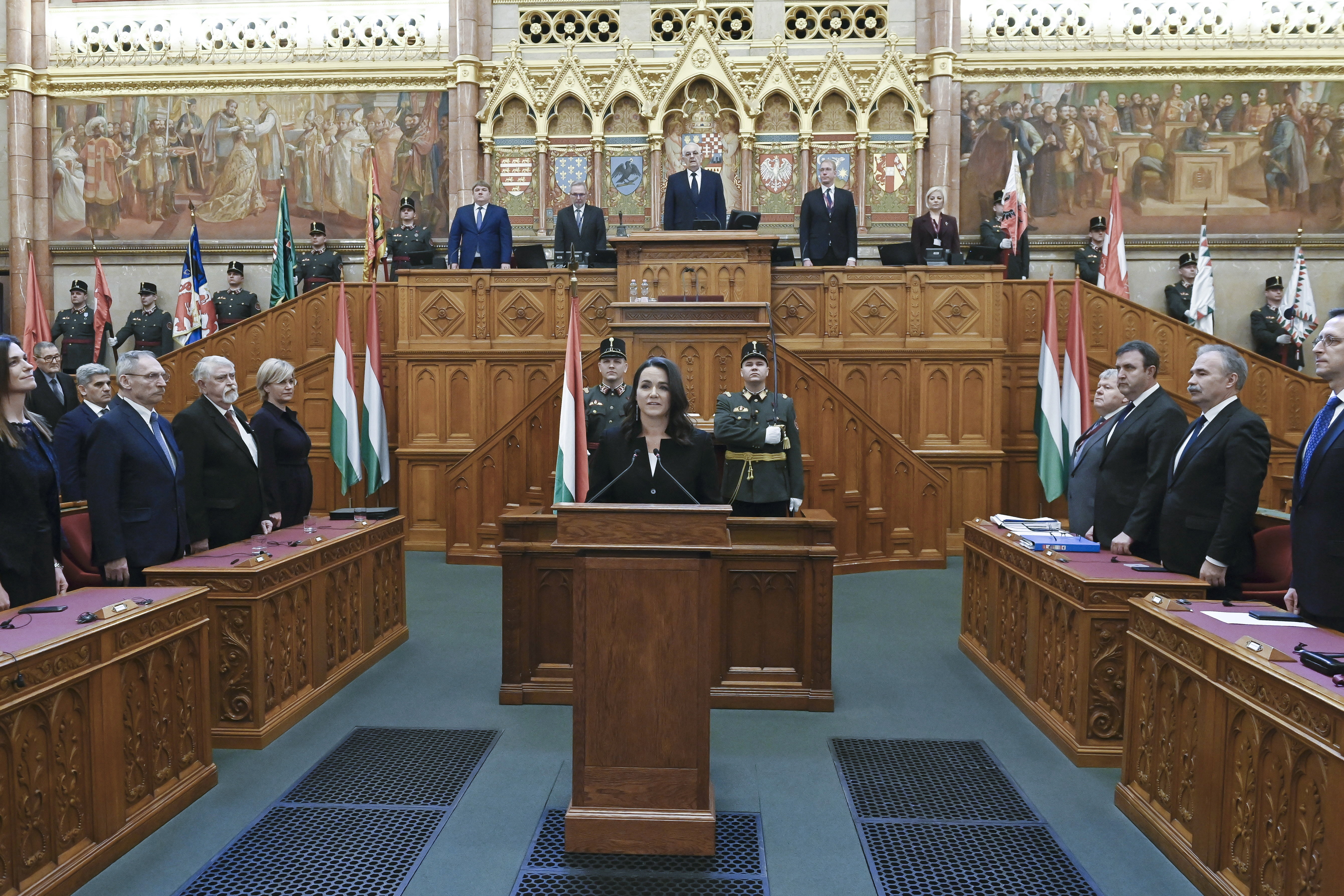 Newly elected Hungarian President Katalin Novak (C) takes an oath during her inauguration ceremony