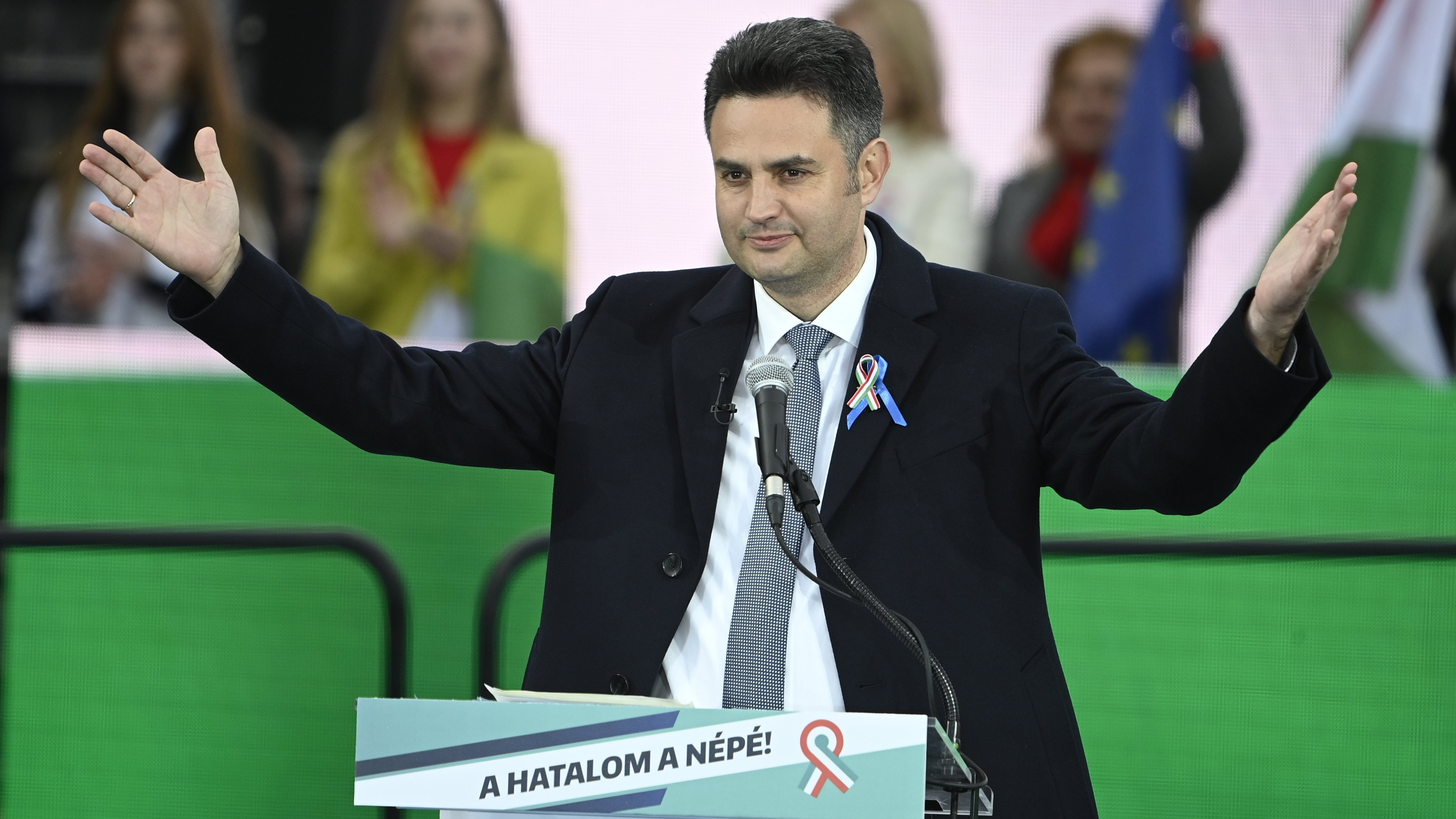 Hungary's prime ministerial candidate Peter Marki-Zay addresses his supporters