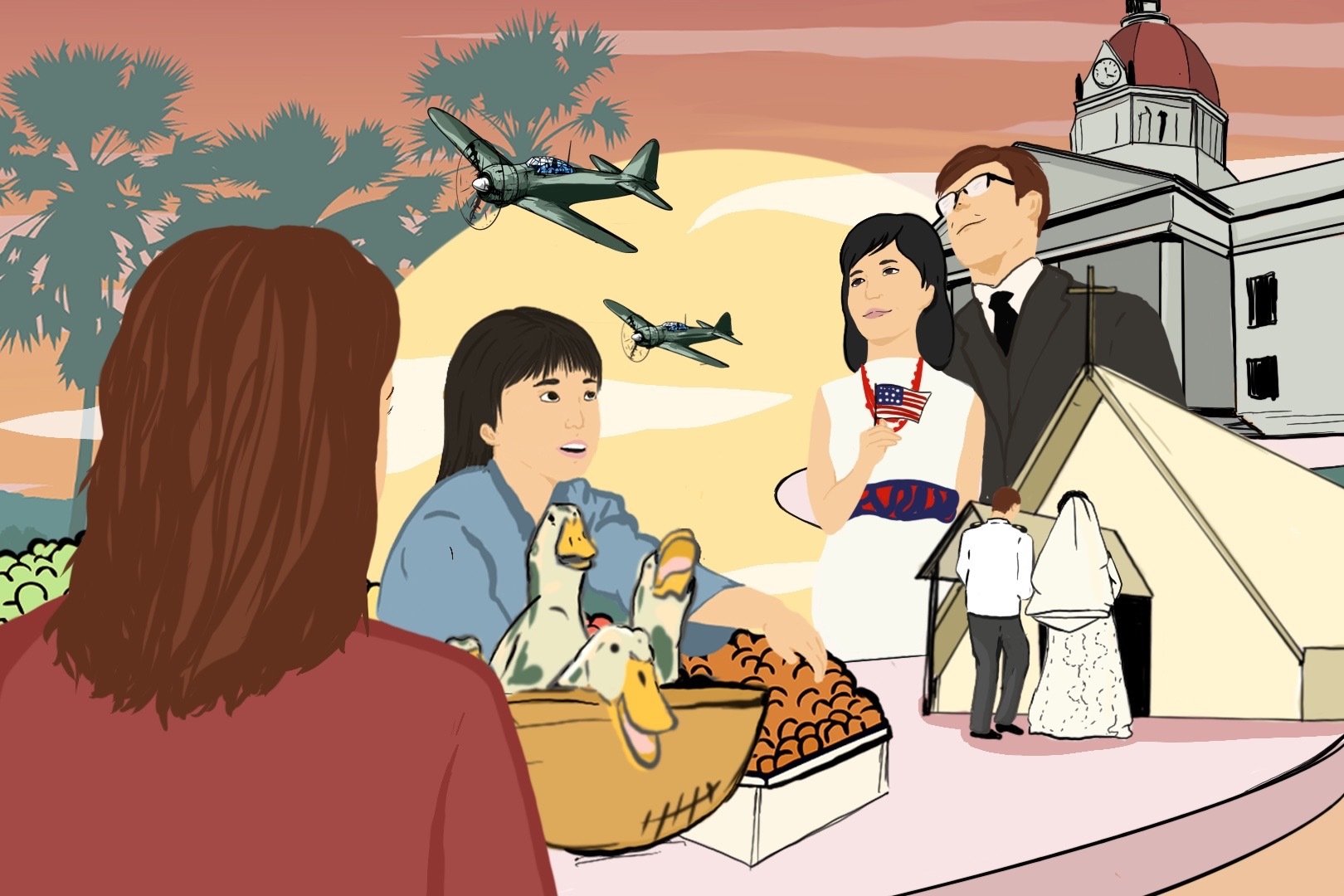 Drawing of a family in Vietnam and America