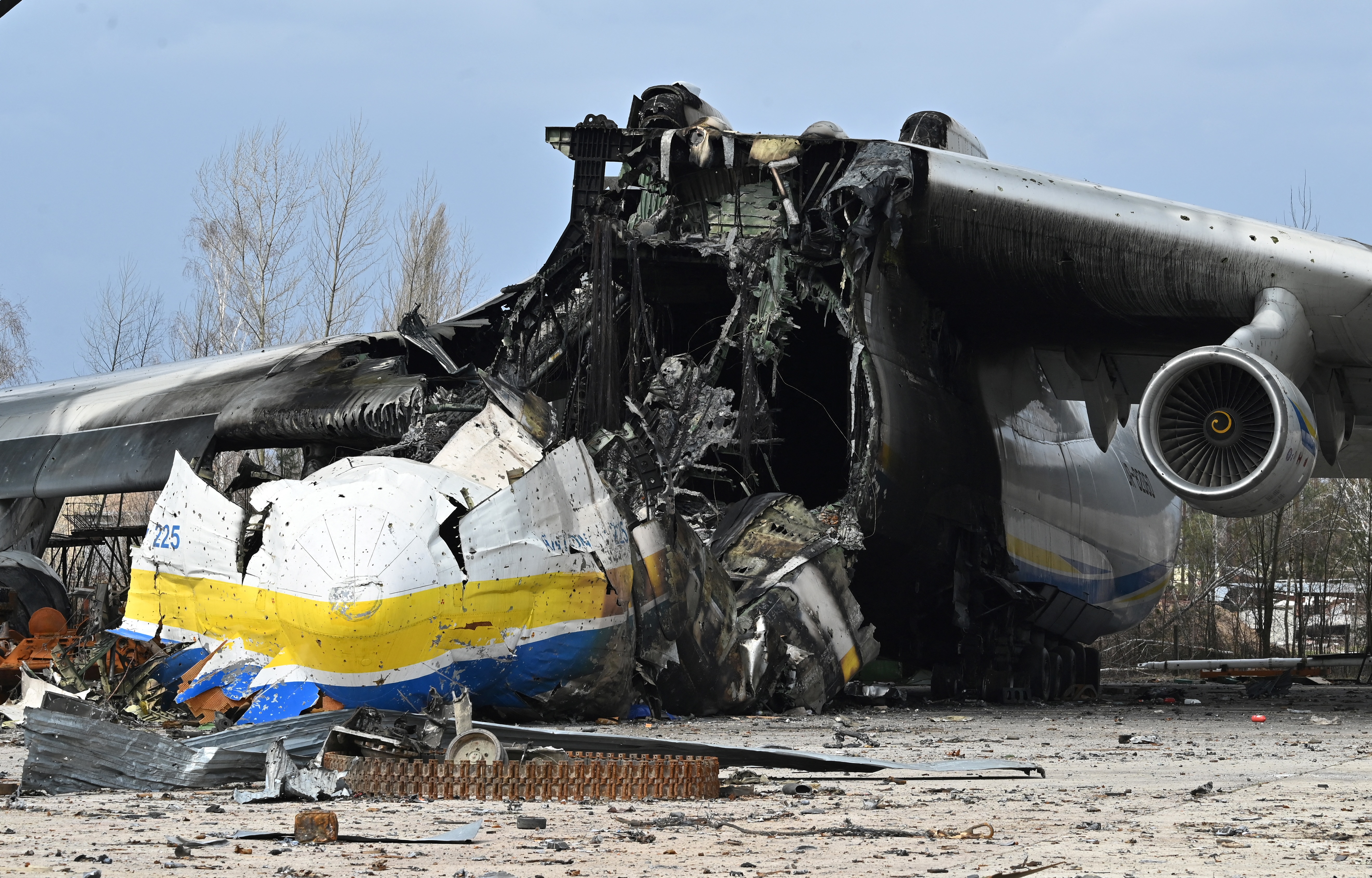 A picture shows the destroyed Ukrainian Antonov An-225 "Mriya" cargo aircraft, which was the largest plane in the world, at the Gostomel airfield