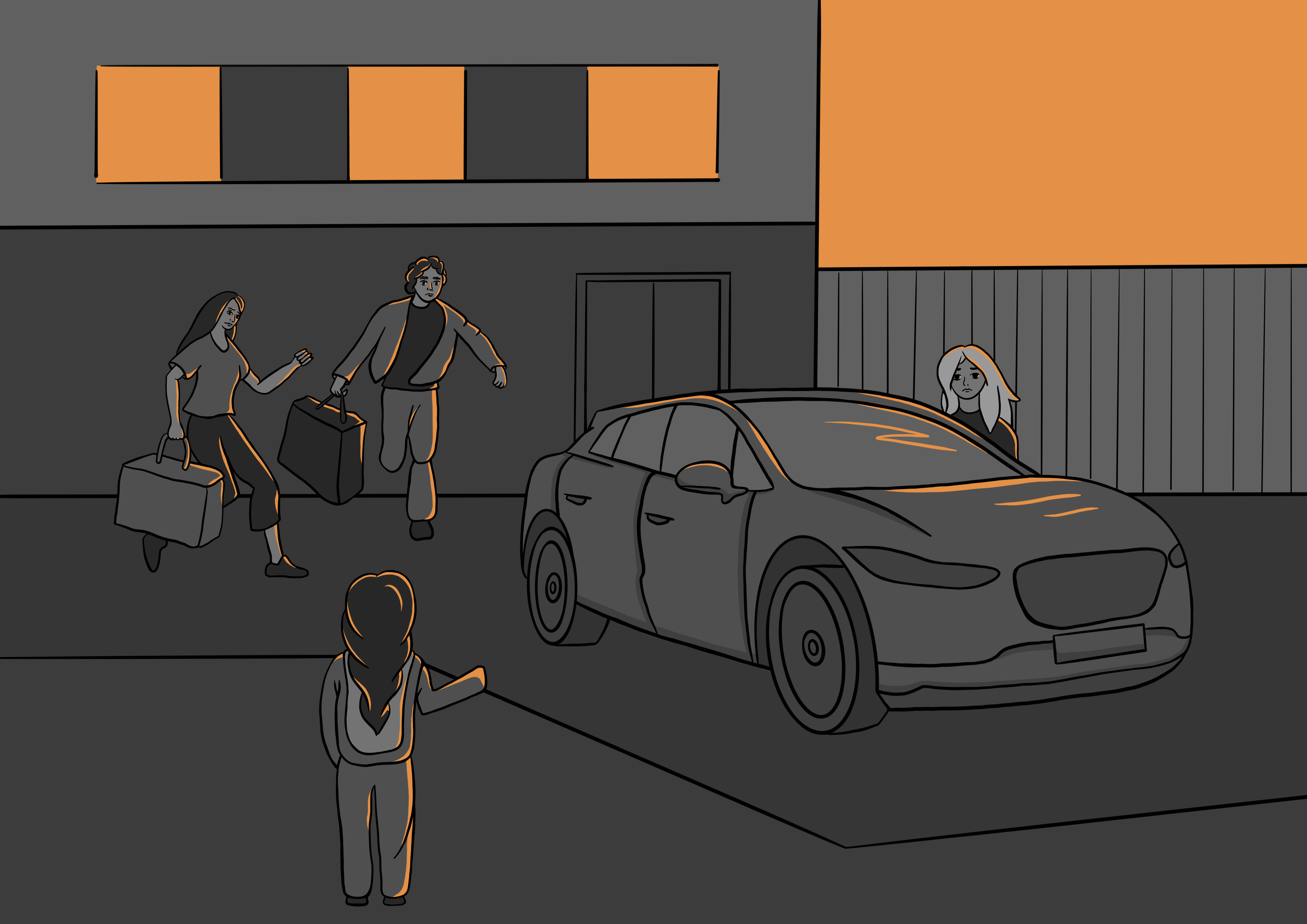 An illustration of people walking towards a car holding bags and suitcases.