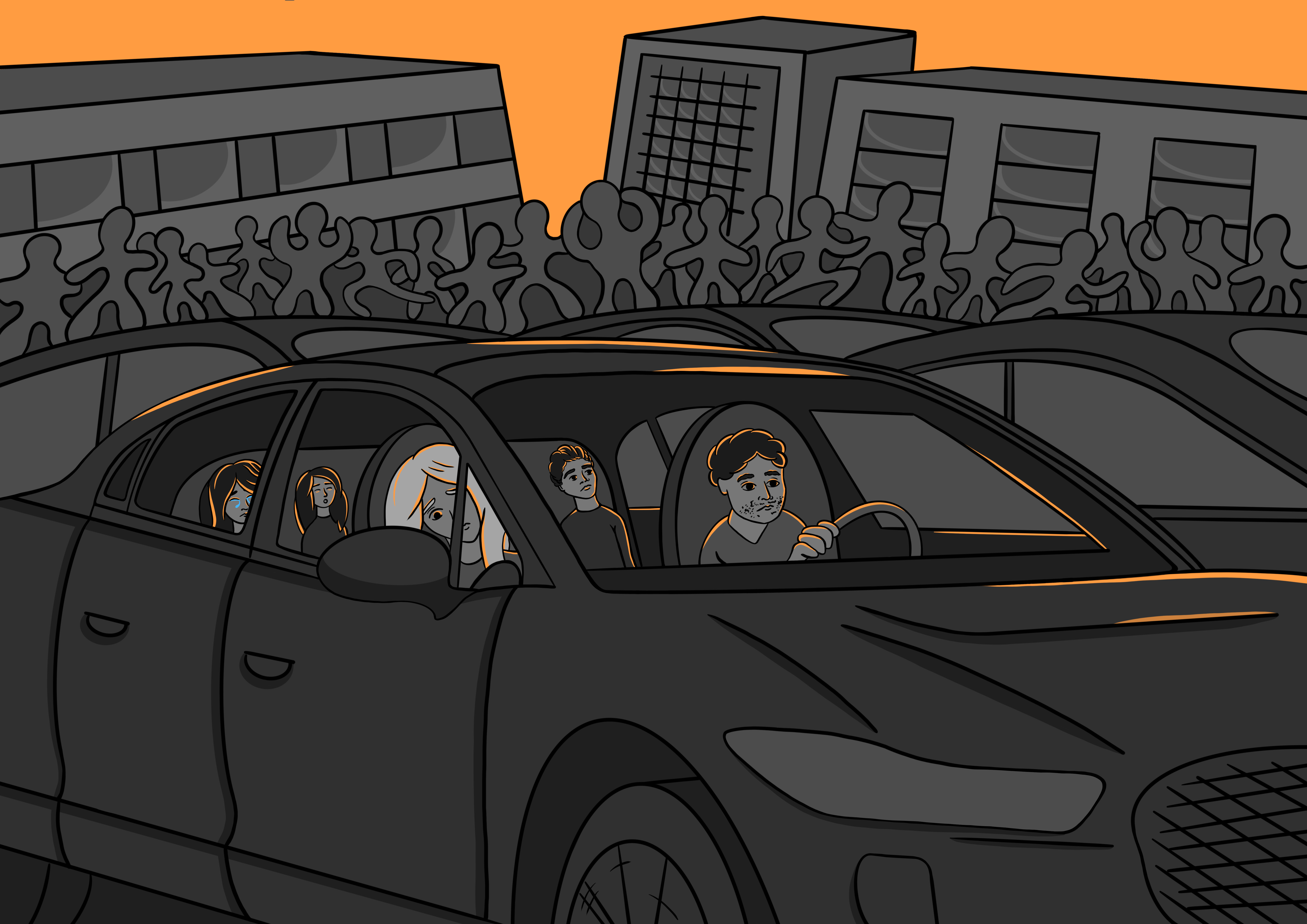 An illustration of someone driving a car with children in the back seat and a large group of people behind them.