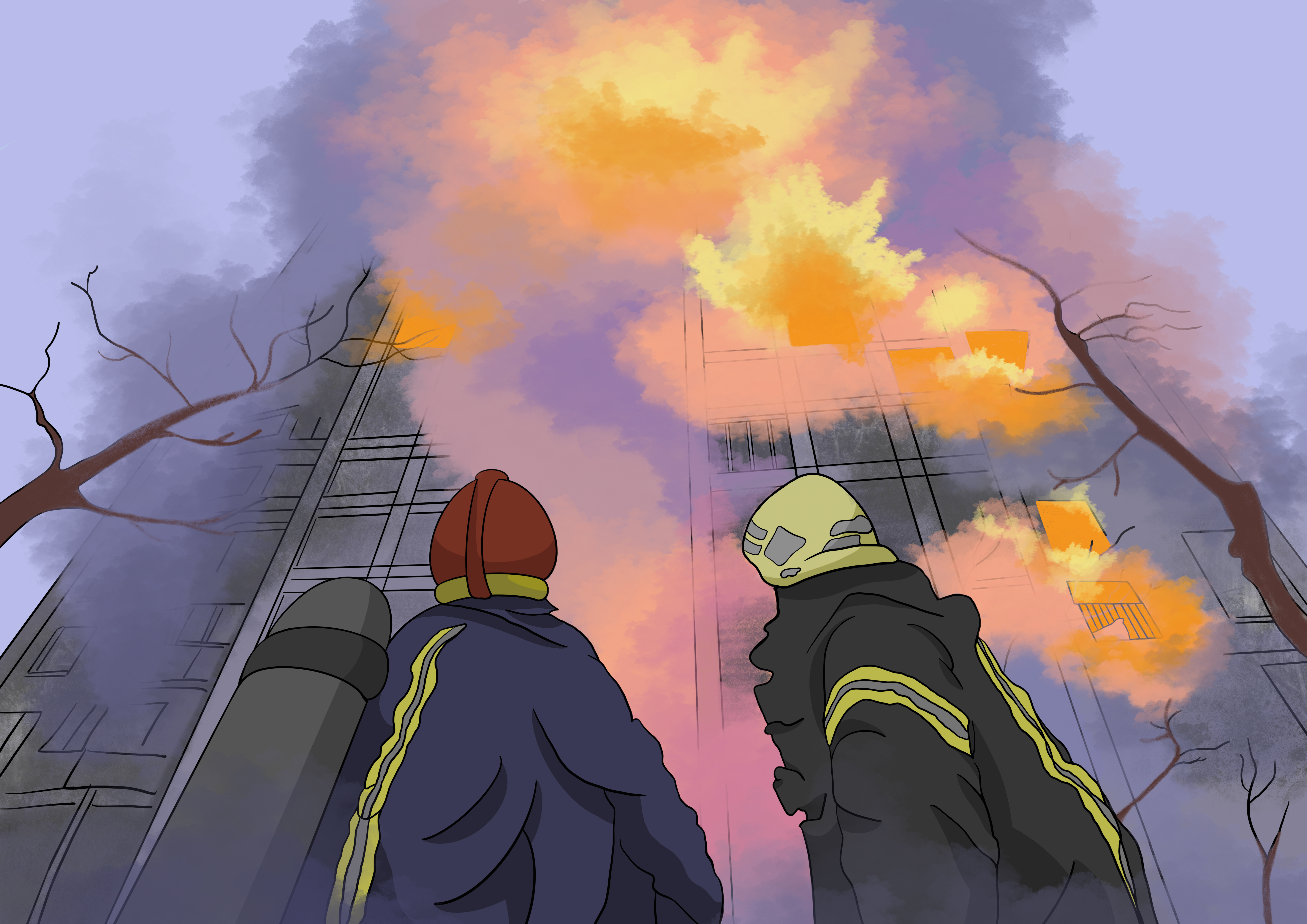 An illustration of a building on fire with two officers in front.