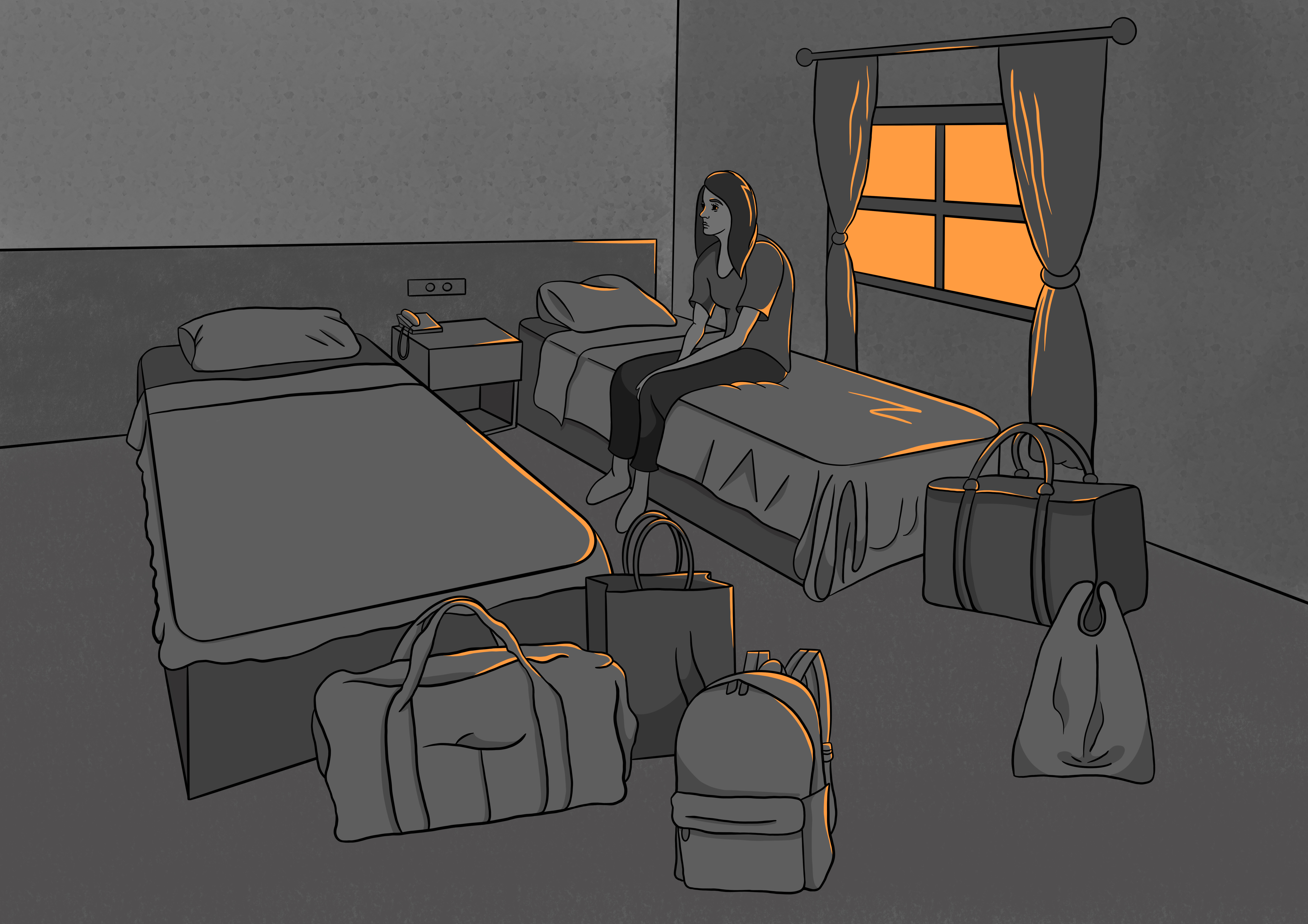 An illustration of a woman sitting on a bed with bags and suitcases in front of the bed,