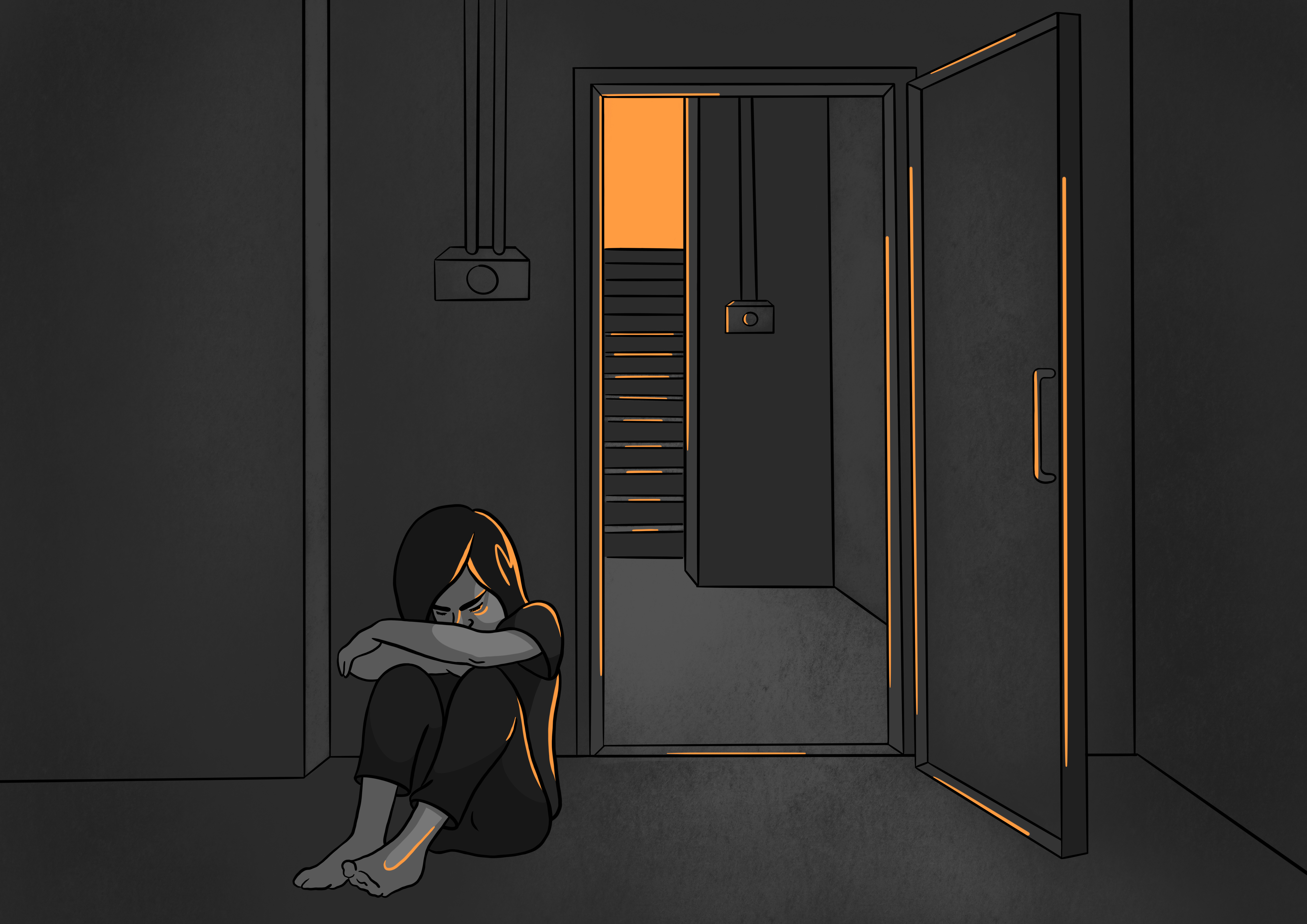 An illustration of a child sitting on the floor in a dark room against a wall with her knees up and her arms resting on her knees. She is next to a door that is open.