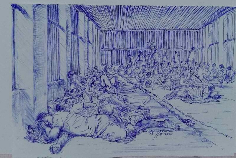 A sketch in blue pen showing dozens of inmates in Yangon's Insein prison lying shoulder to shoulder on the floor.