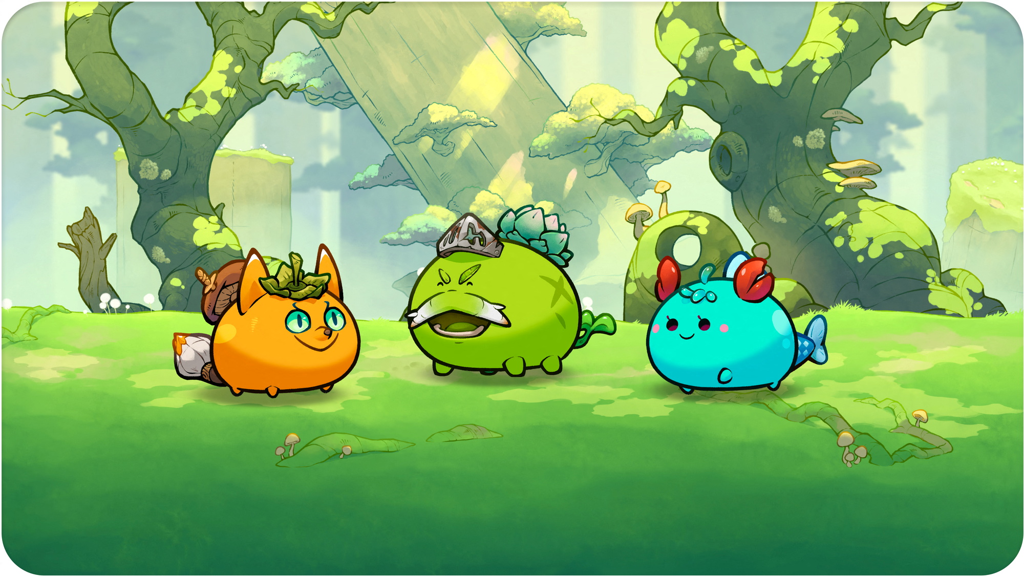 The blockchain-based game Axie Infinity with rotund orange, green and turquoise characters in a woodland scene