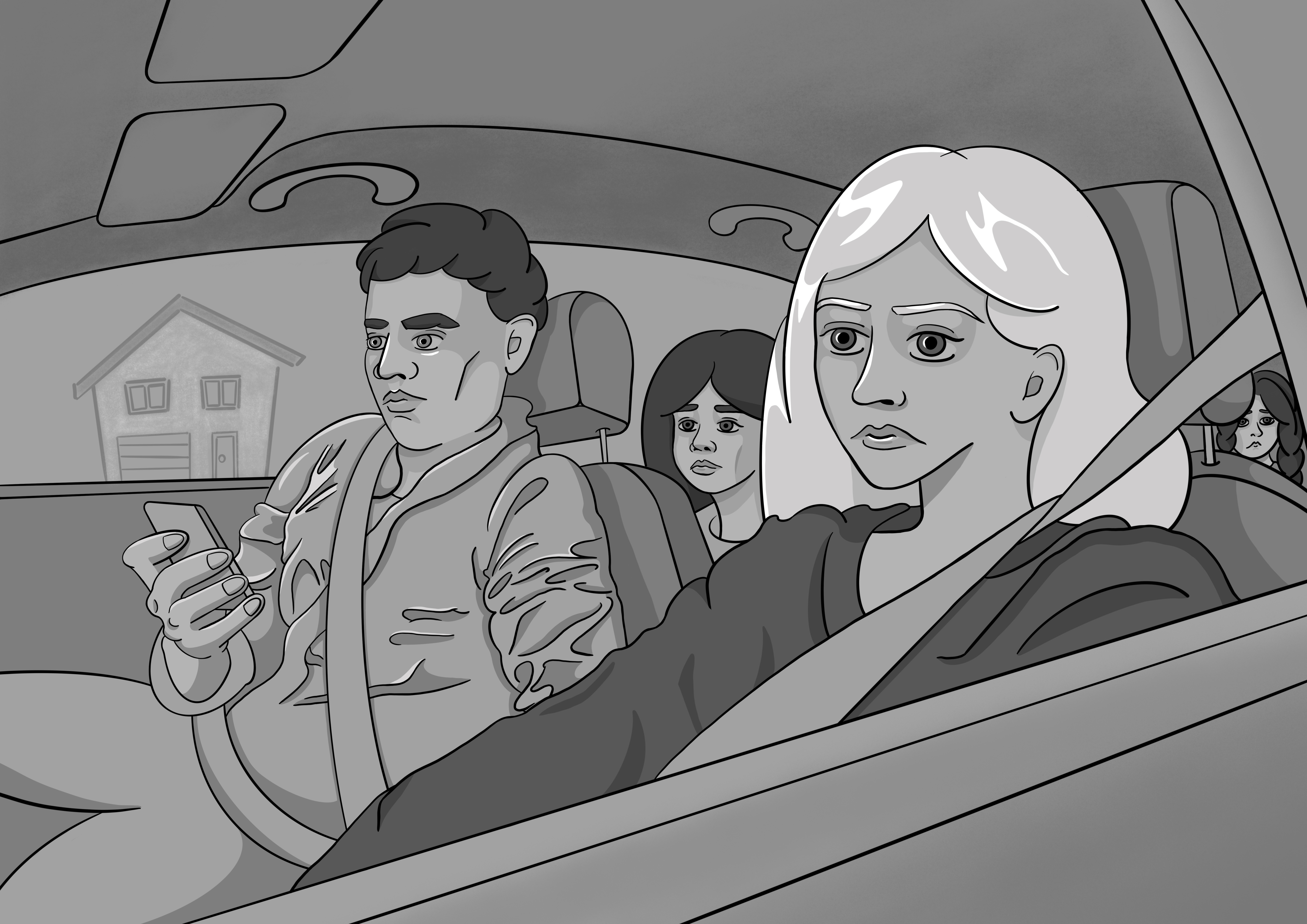 An illustration of people in a car, a woman is driving, a man is on his phone and the children sit in the back.