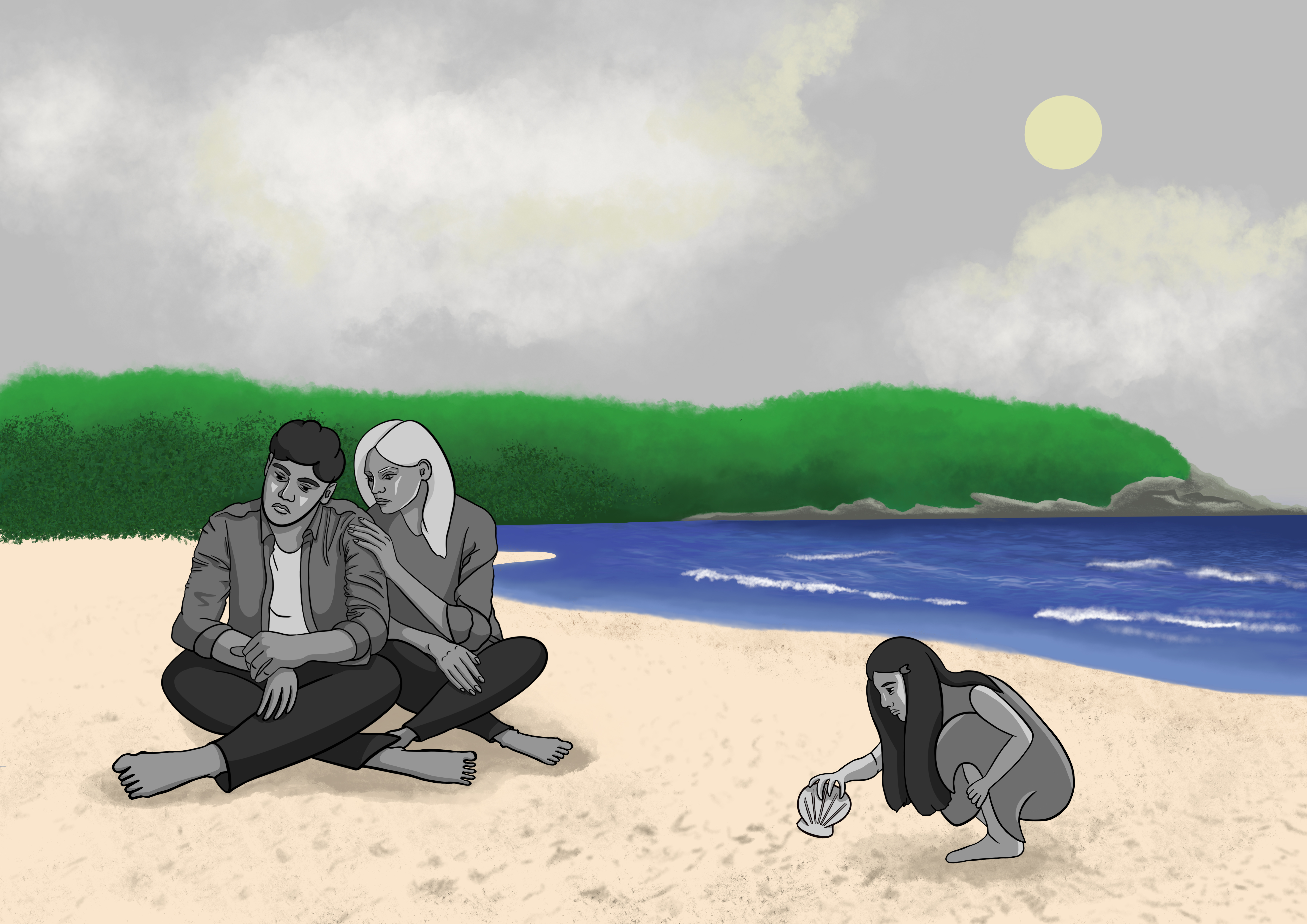 An illustration of three people at a beach. Two are sitting cross-legged and next to each other and the third one, a child, is picking up a seashell.