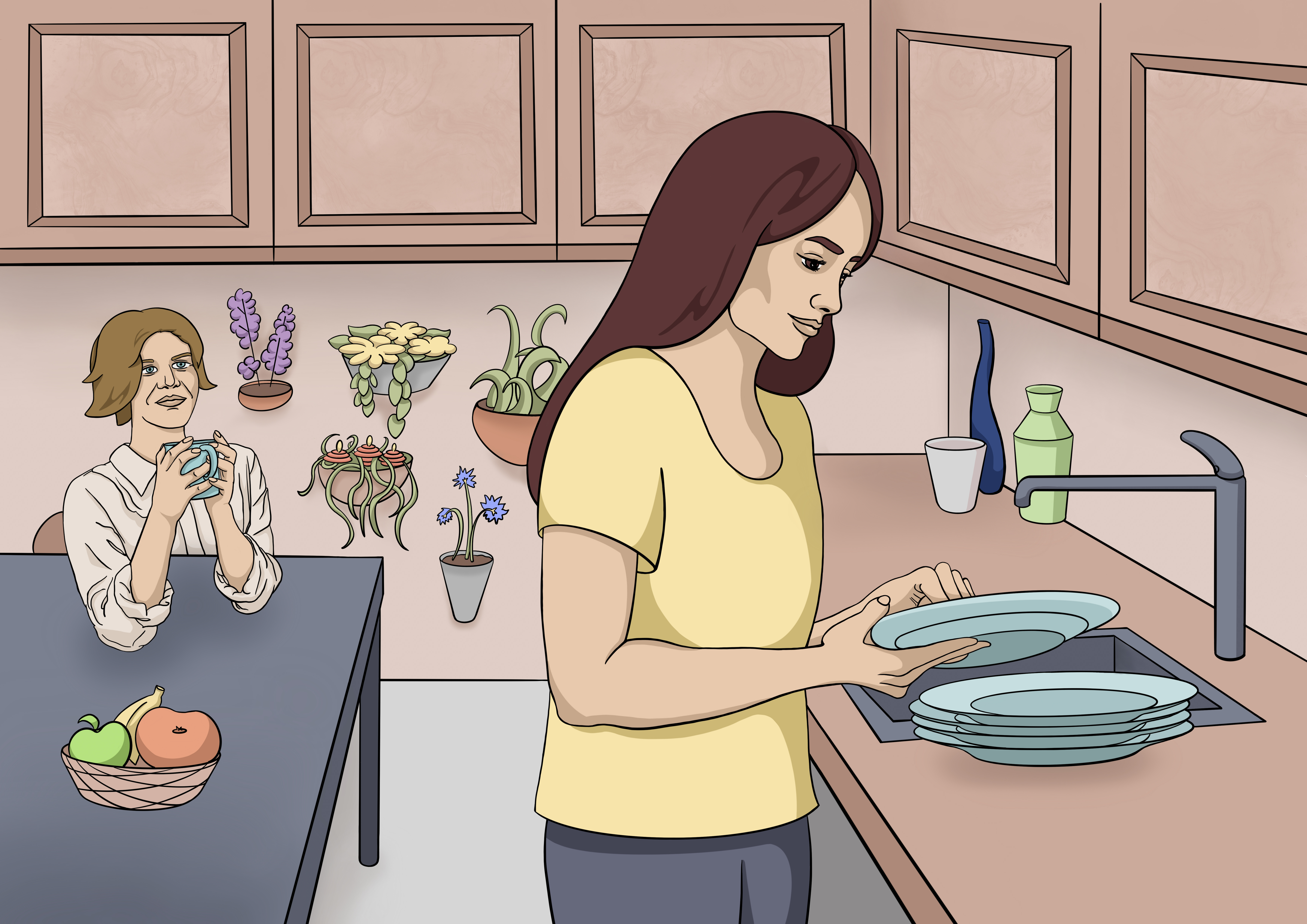 An illustration of a woman washing dishes and another woman sitting on the kitchen table with a cup of tea.