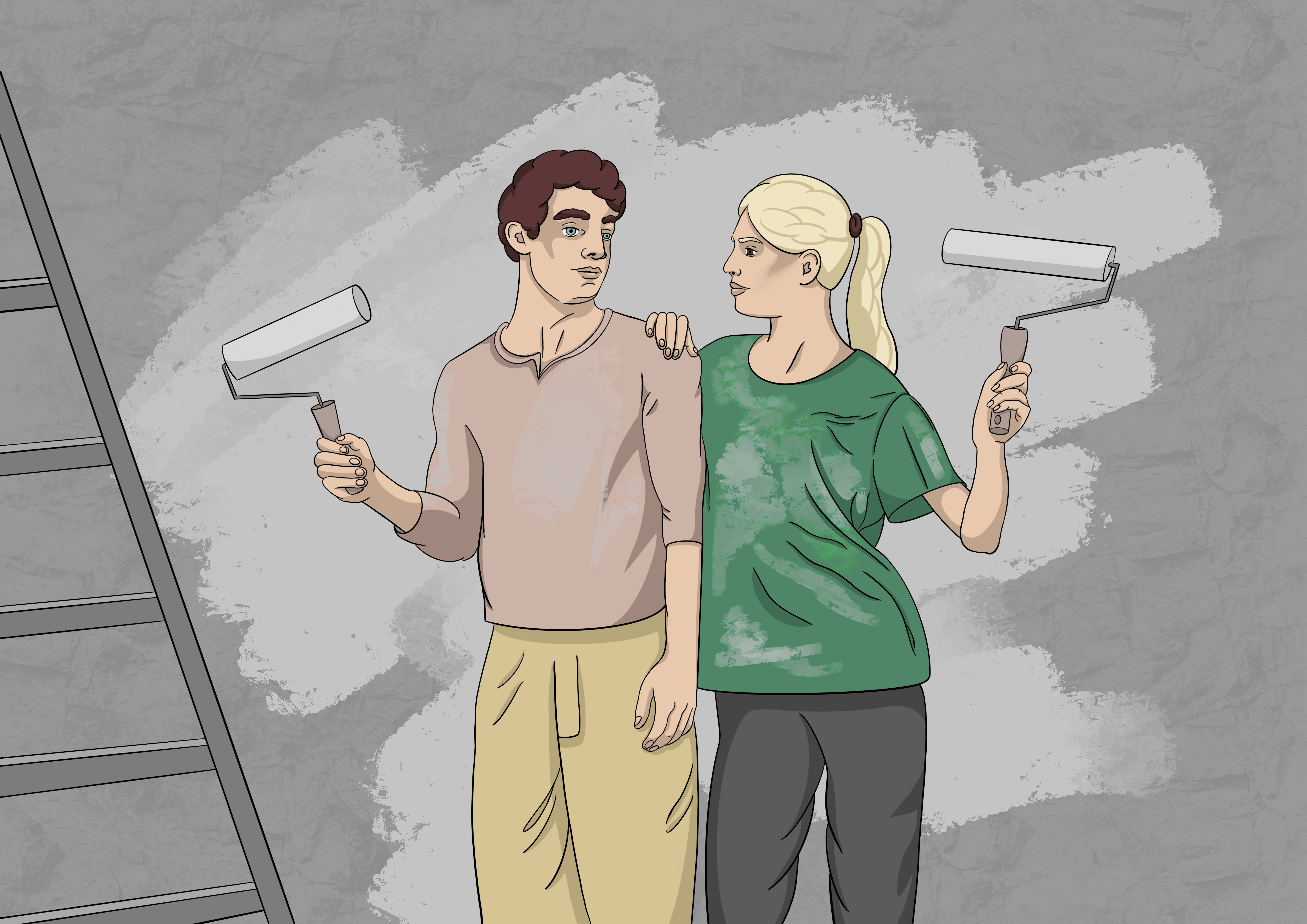 An illustration of a man and a woman painting a wall.