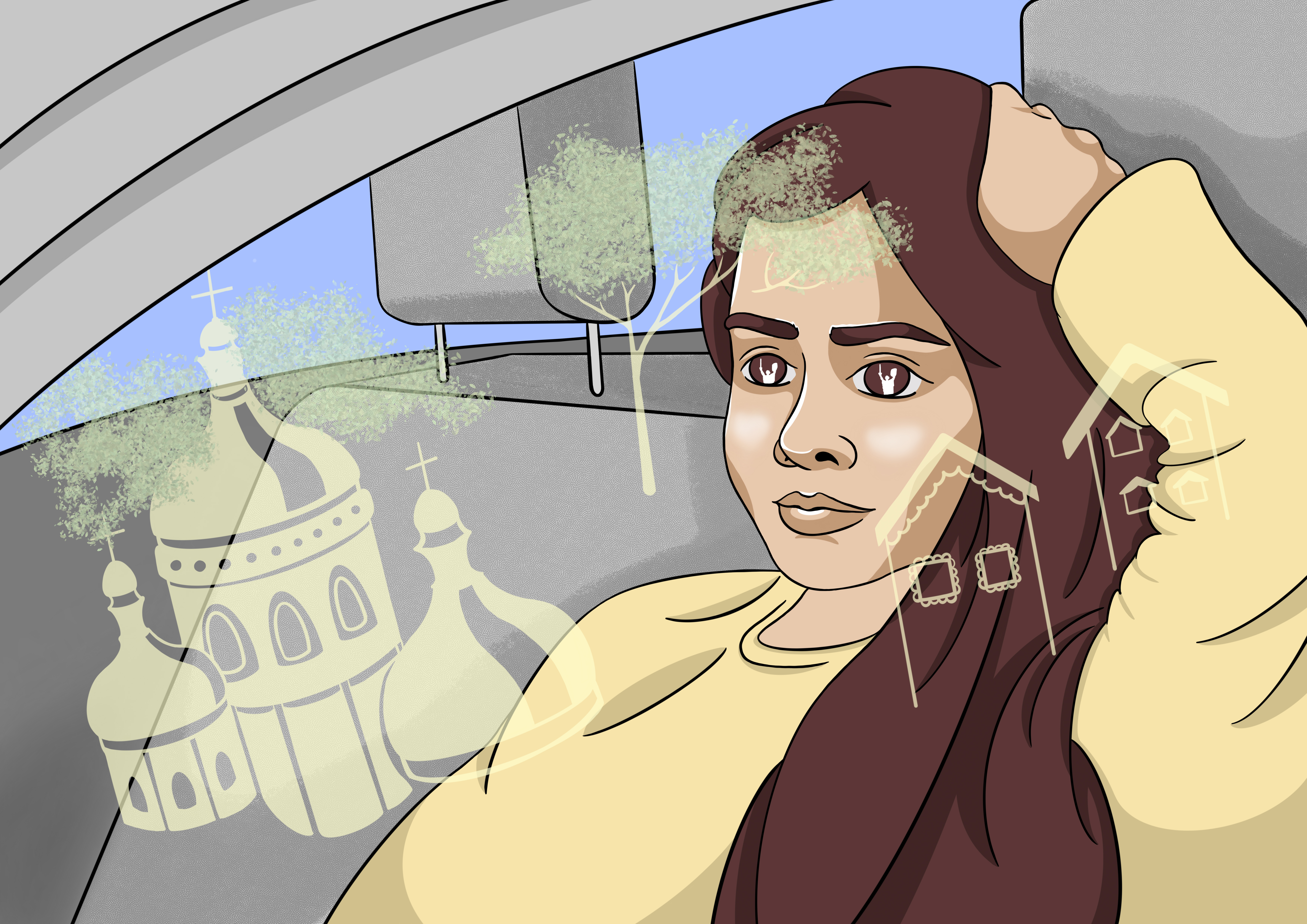 An illustration of a woman looking out a window at monuments and buildings.