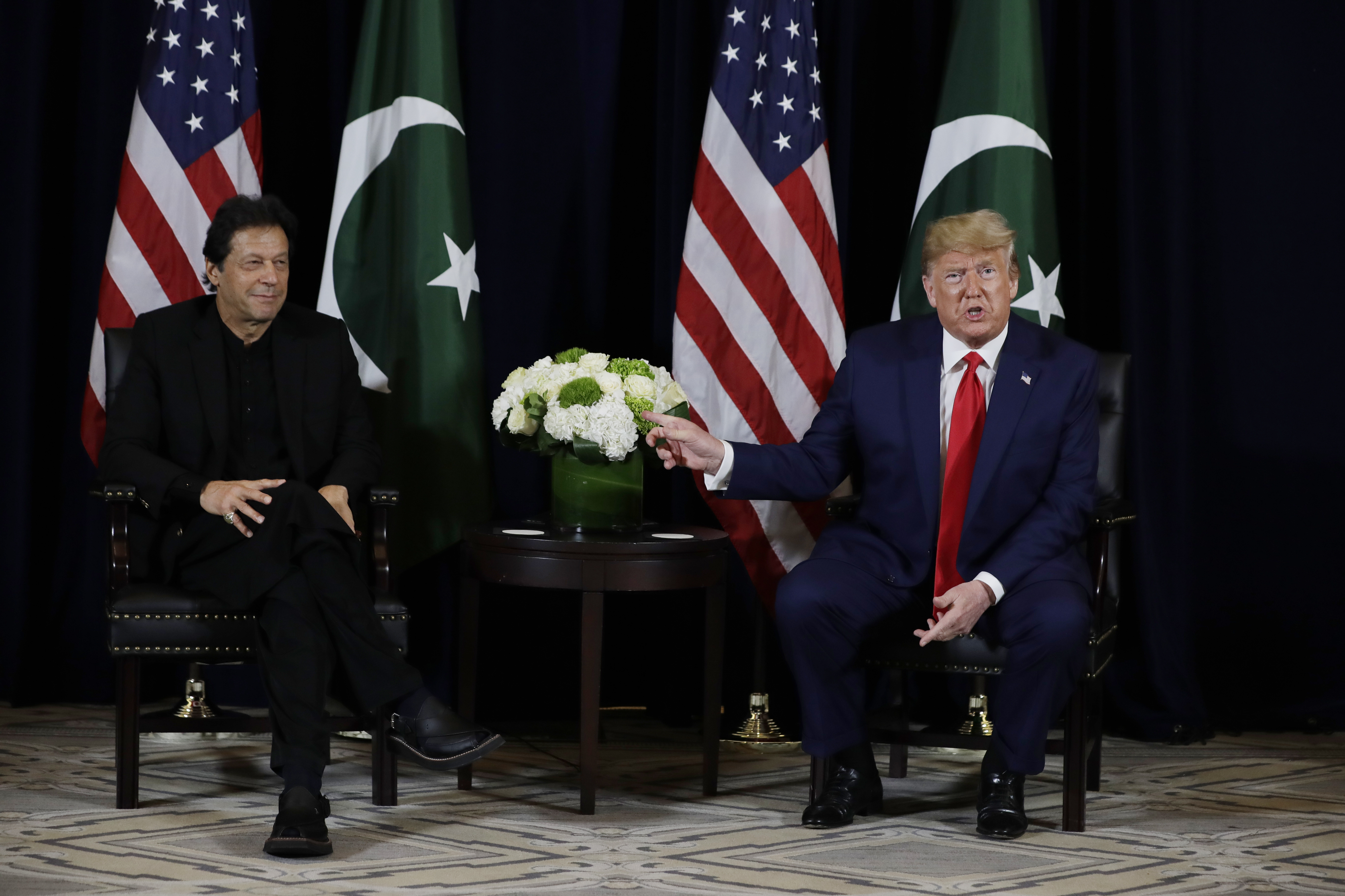 President Donald Trump, right, meets with Pakistani Prime Minister Imran Khan at the InterContinental Barclay hotel during the United Nations General Assembly, Monday, Sept. 23, 2019, in New York.