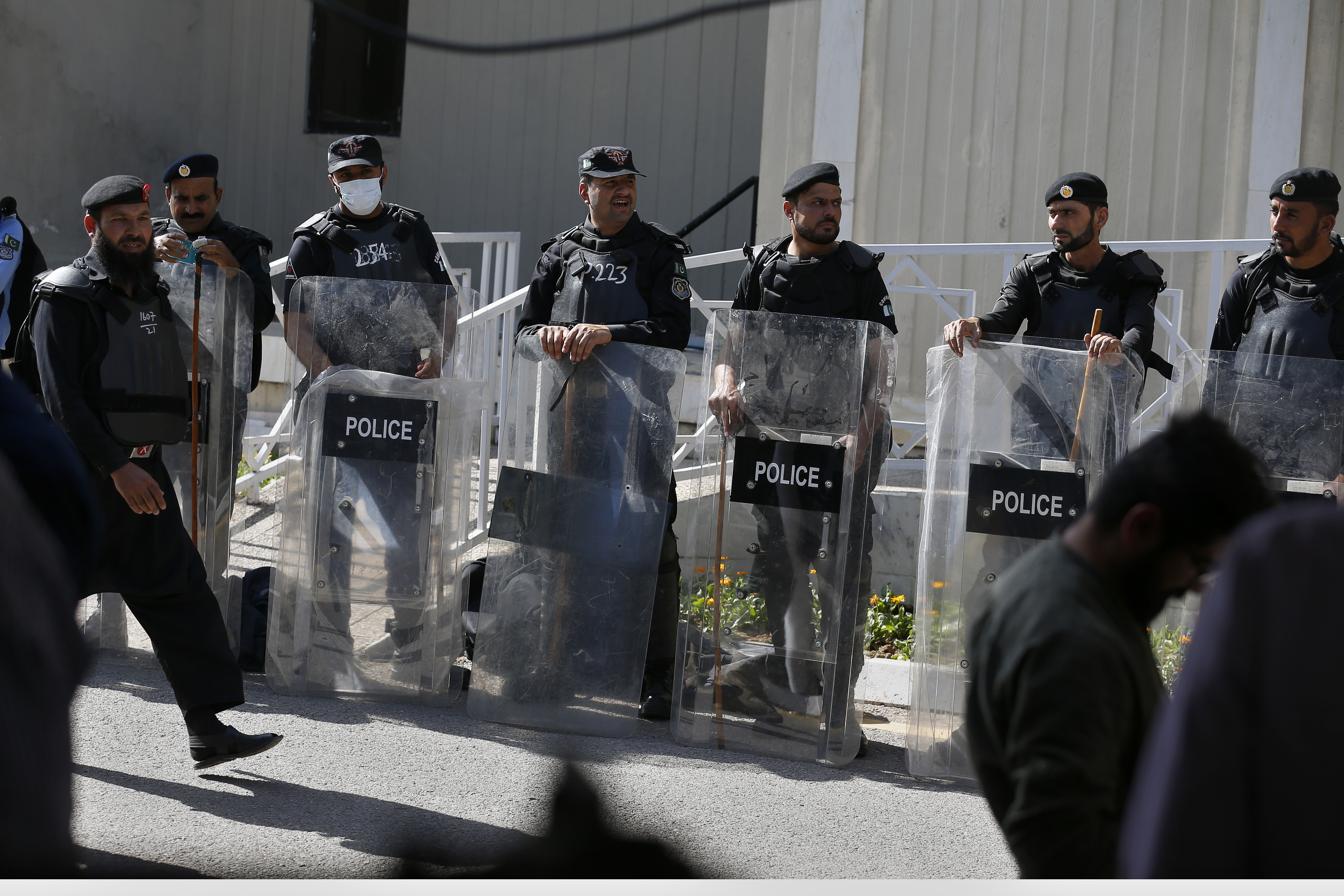 Security personnel from the Frontier Constabulary stand guard outside the Supreme Court