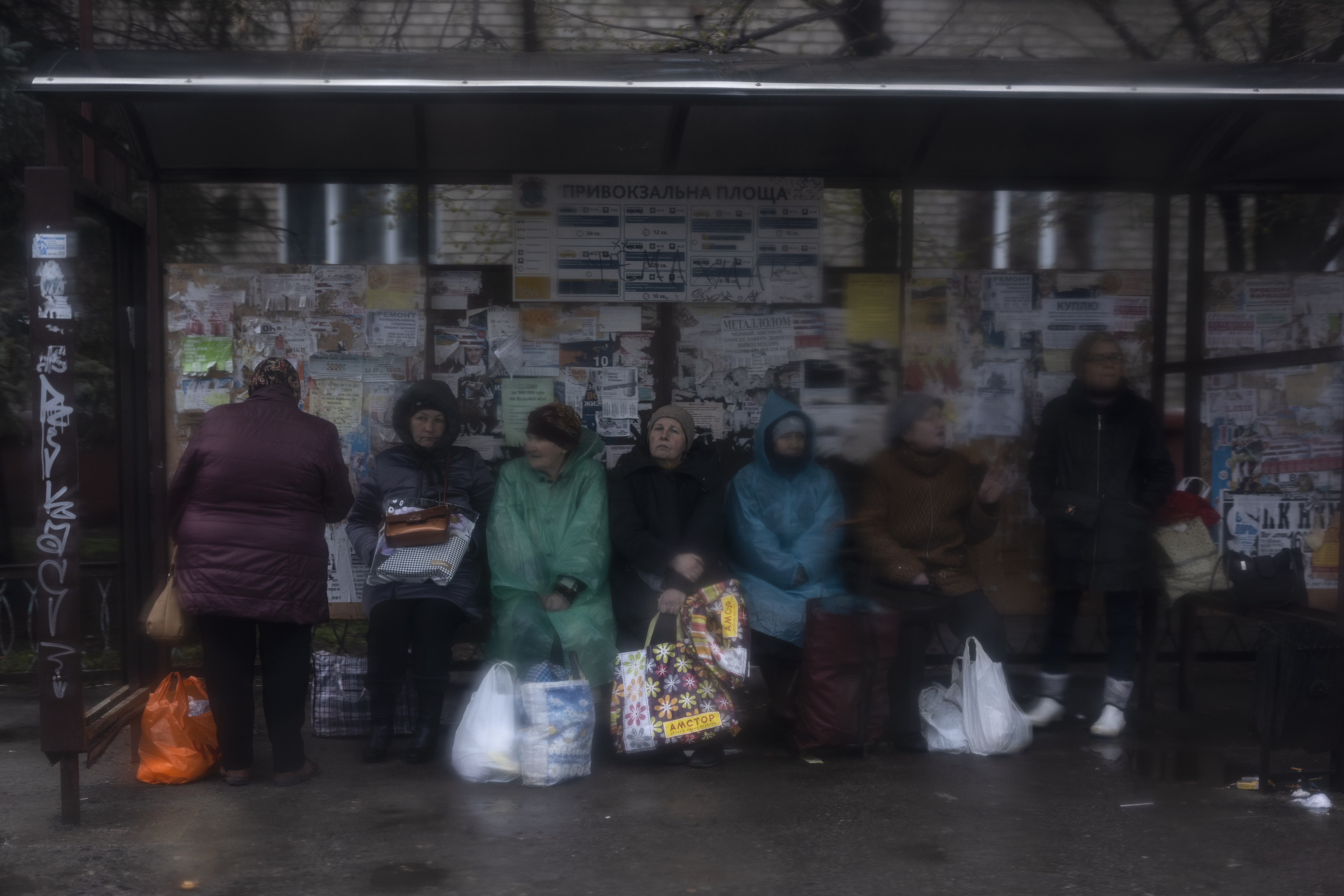 Women waiting at bus station in Kramatorsk, Ukraine.