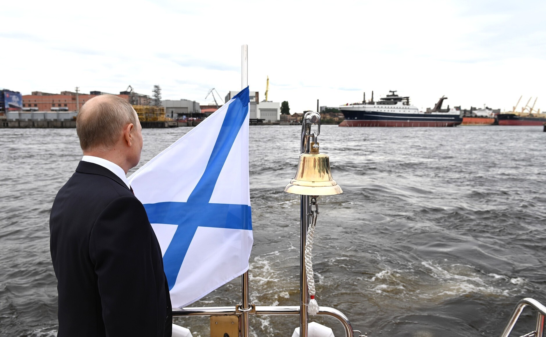 Vladimir Putin attends the launch ceremony for Mekanik Sizov, a super trawler