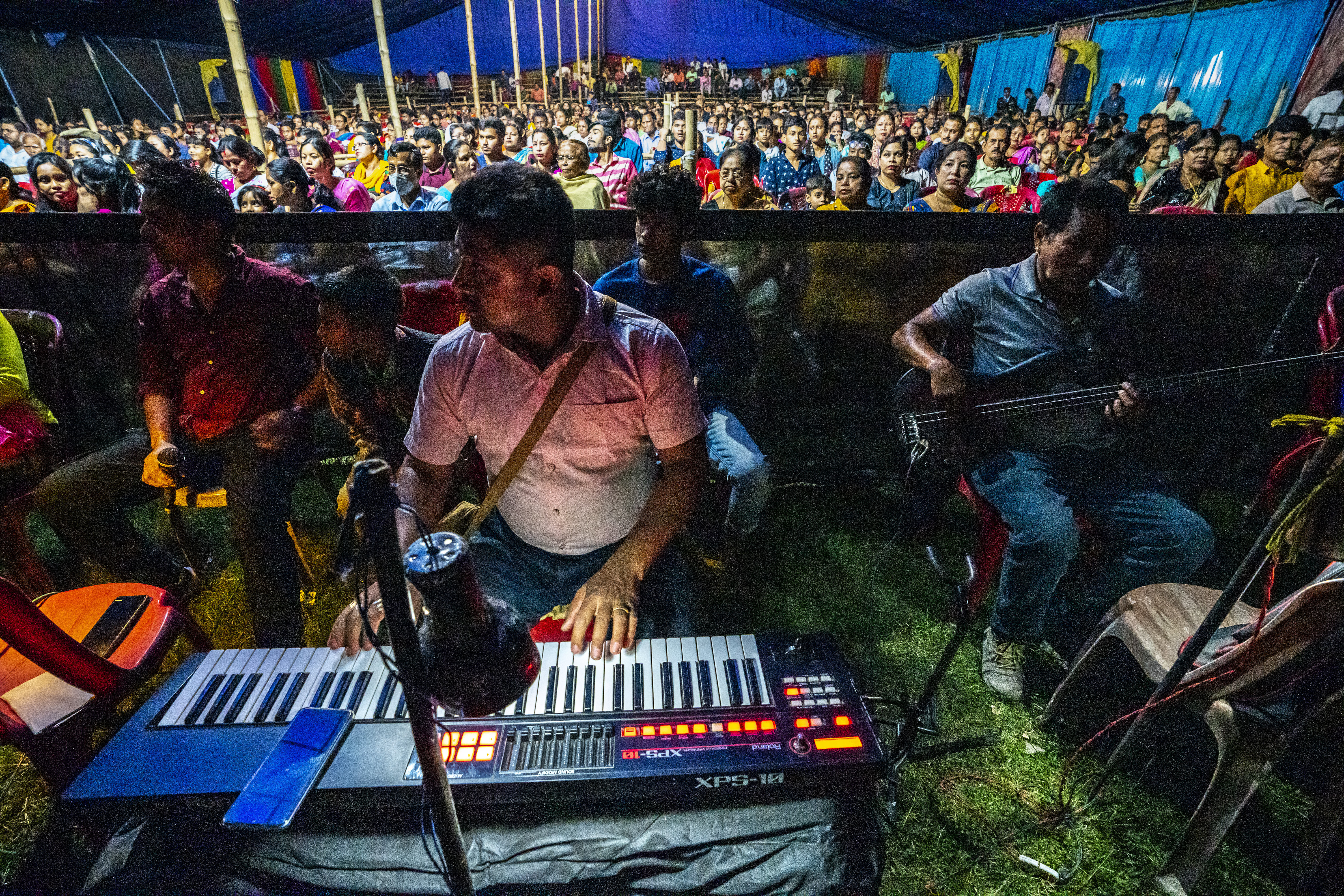 Musicians perform for the Awahan traveling theater at Xetali village
