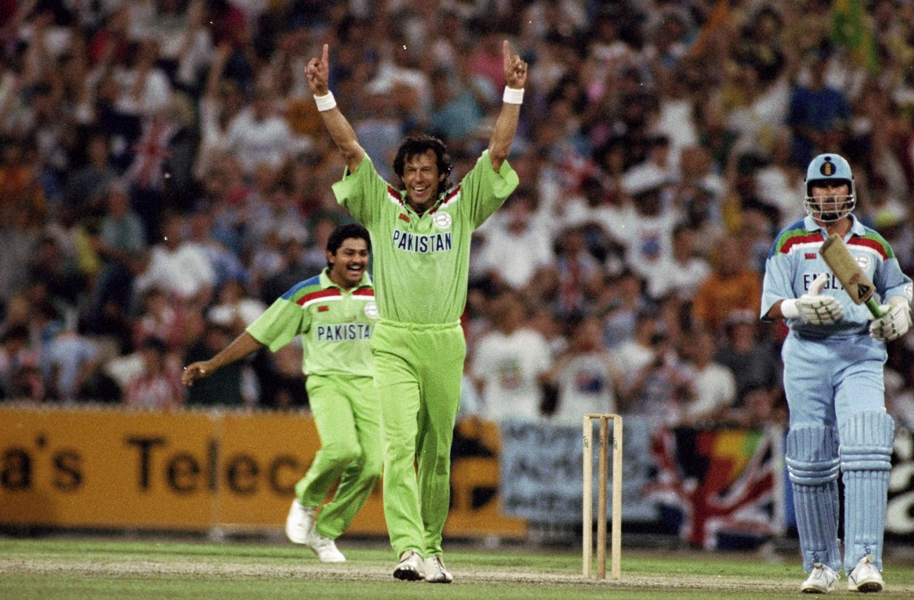 25 Mar 1992: Imran Khan of Pakistan celebrates after taking the wicket of Richard Illingworth of England to win the World Cup Final at the Melbourne Cricket Ground in Australia.