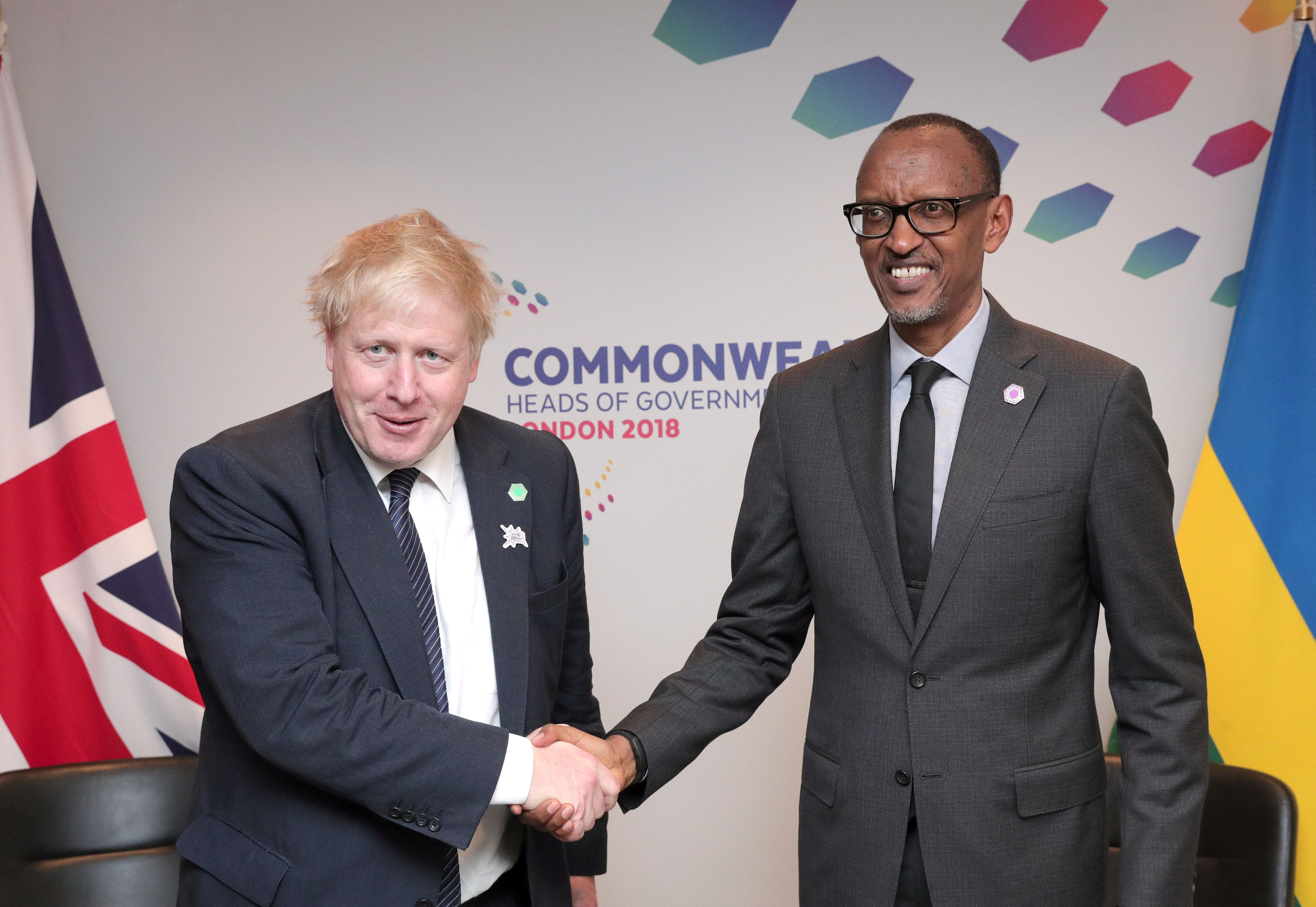 UK's Foreign Secretary Boris Johnson greets the President of Rwanda Paul Kagame in London in 2018 [File: Aaron Chown via Reuters]
