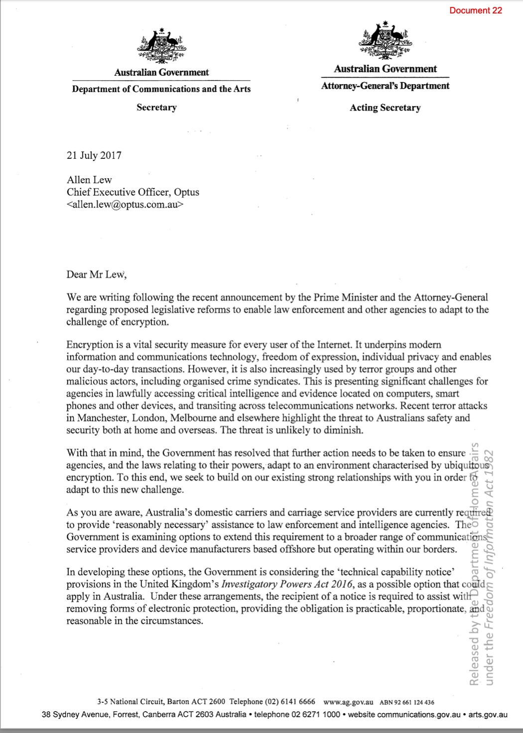 Optus letter 