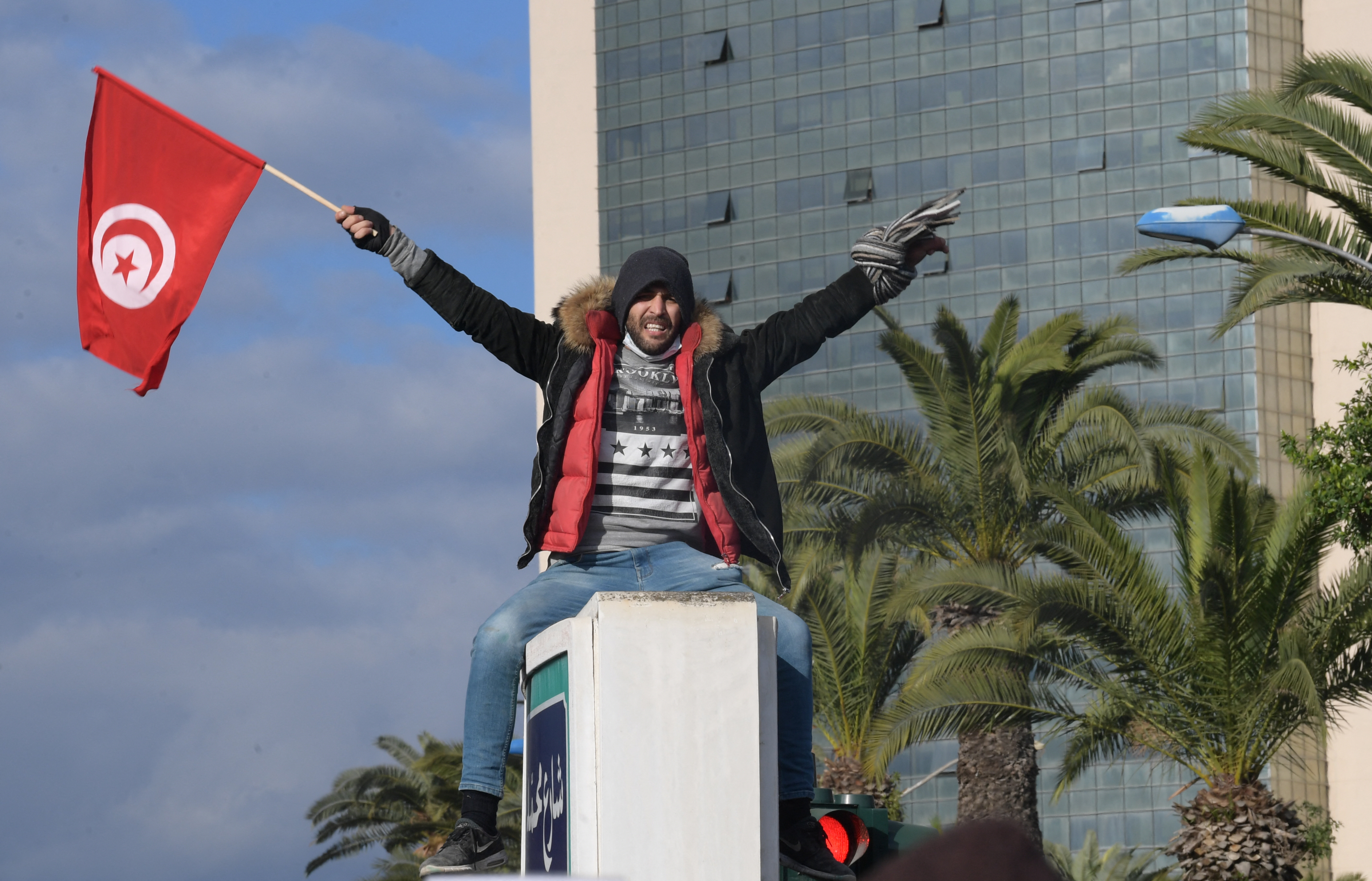 A Tunisian demonstrator waves his country's national flag.