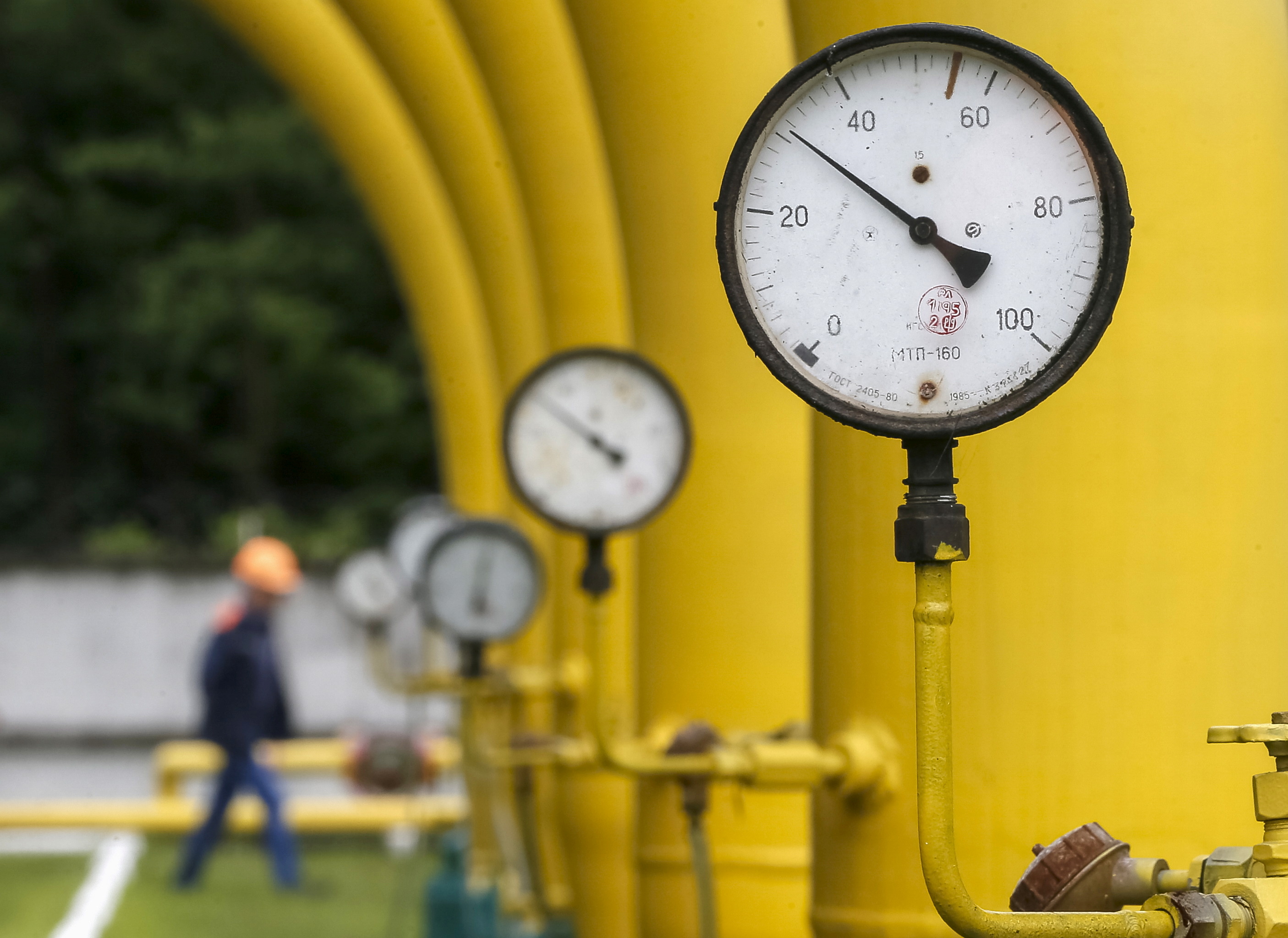 Pressure gauges, pipes and valves are pictured at an "Dashava" underground gas storage facility near Striy, in Ukraine