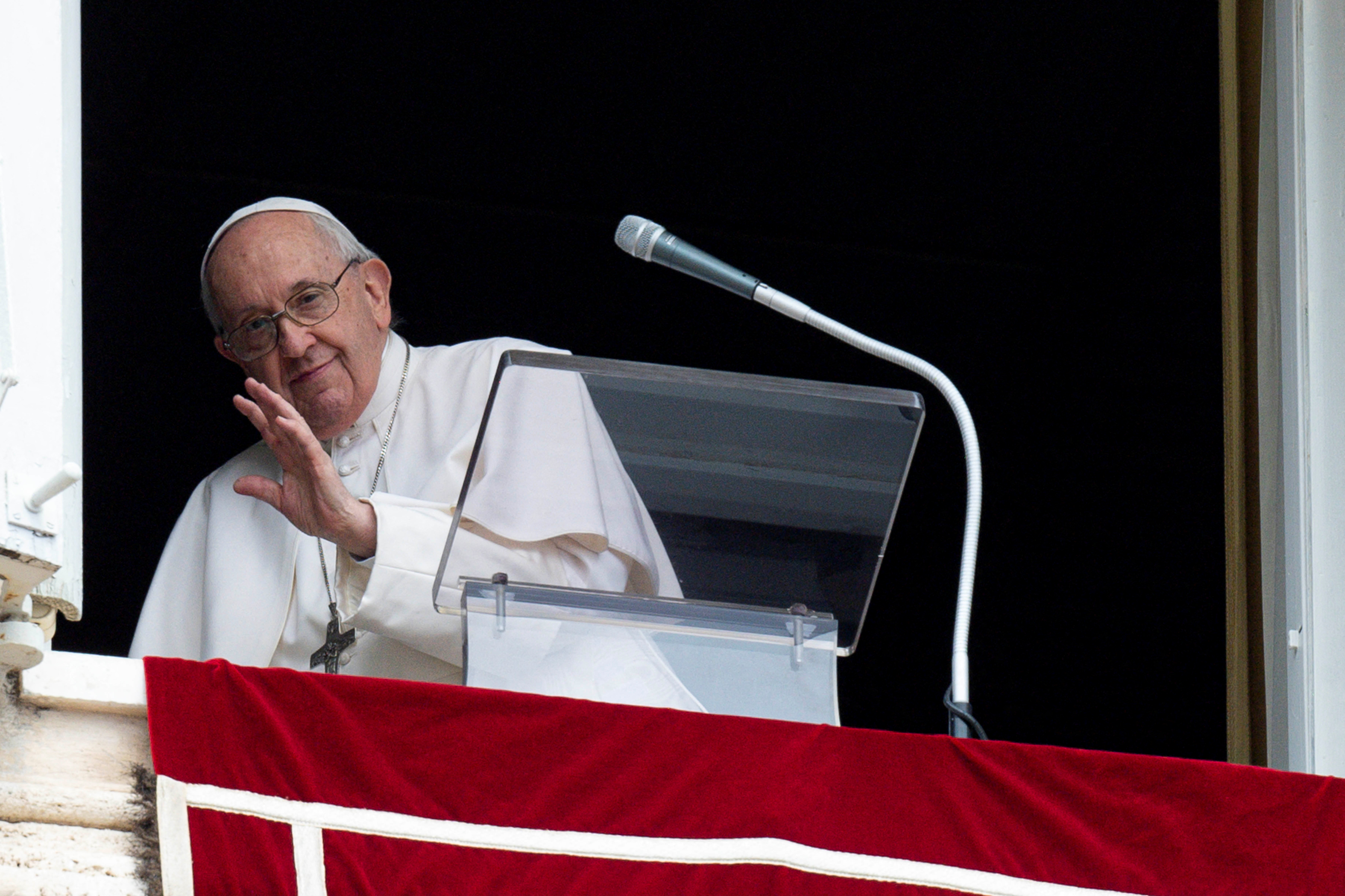 Pope Francis waves during Regina Caeli prayer, in Saint Peter's Square at the Vatican