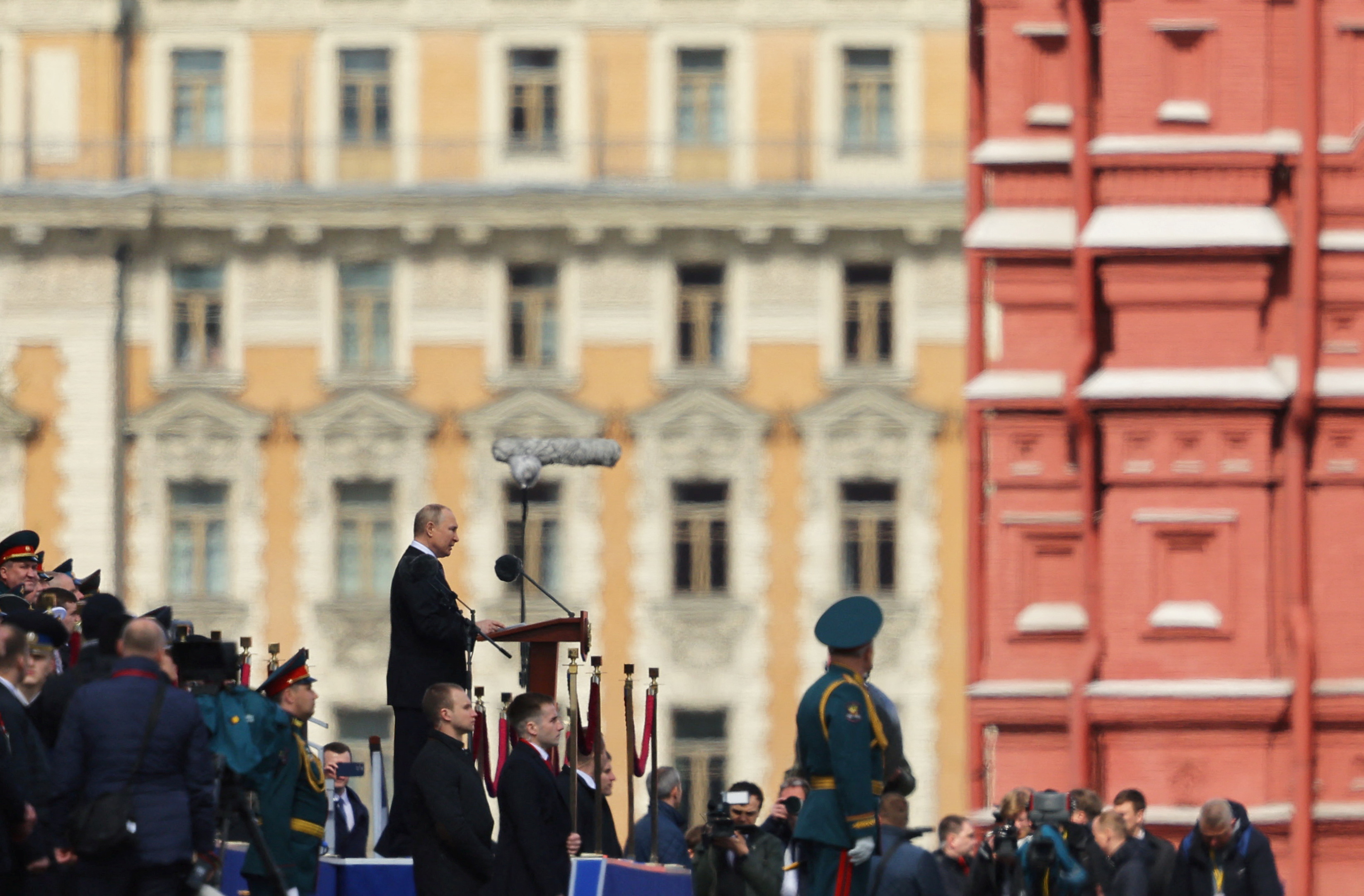 Russian President Vladimir Putin delivers a speech during a military parade on Victory Day