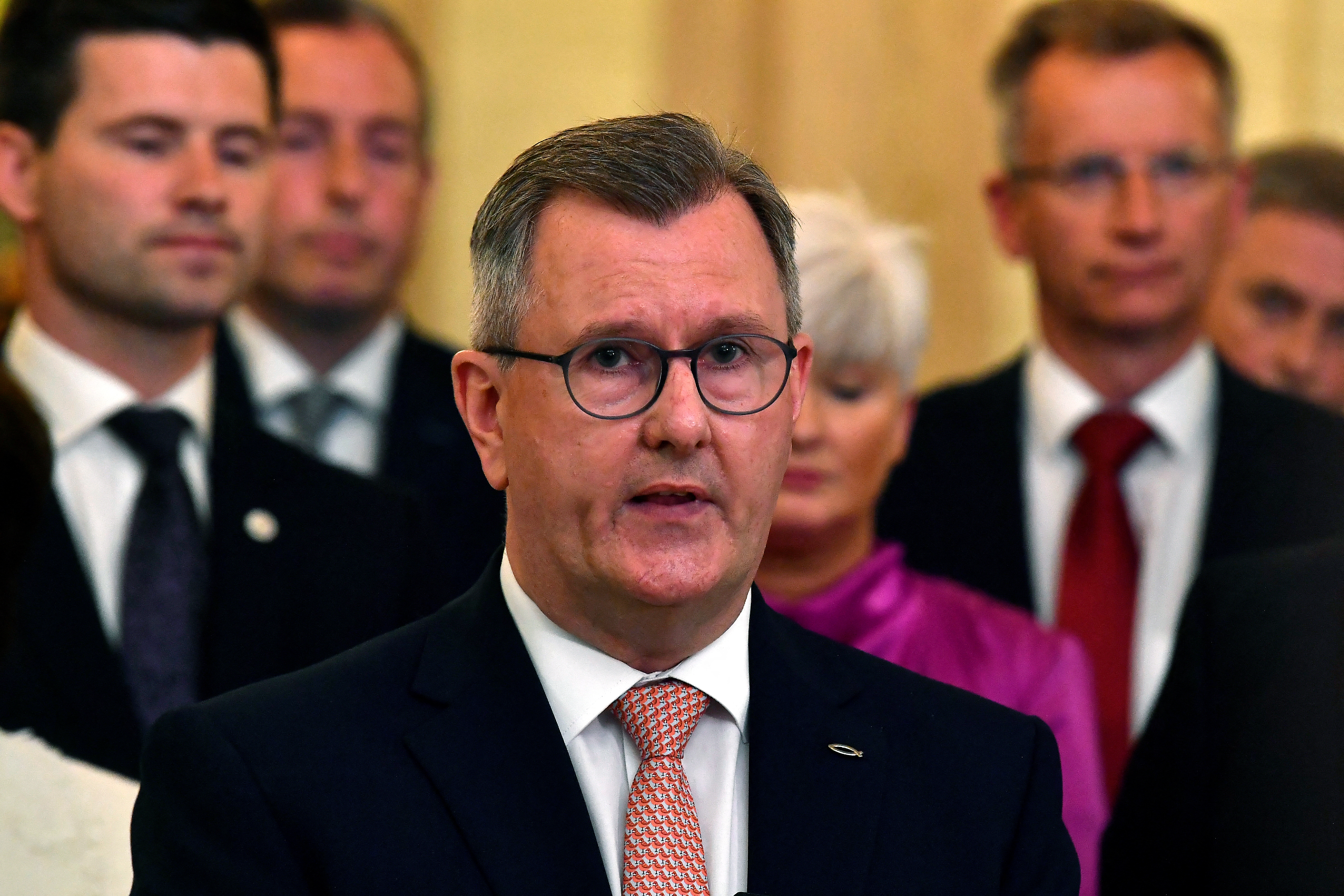 Democratic Unionist Party (DUP) leader Sir Jeffrey Donaldson speaks during a press conference
