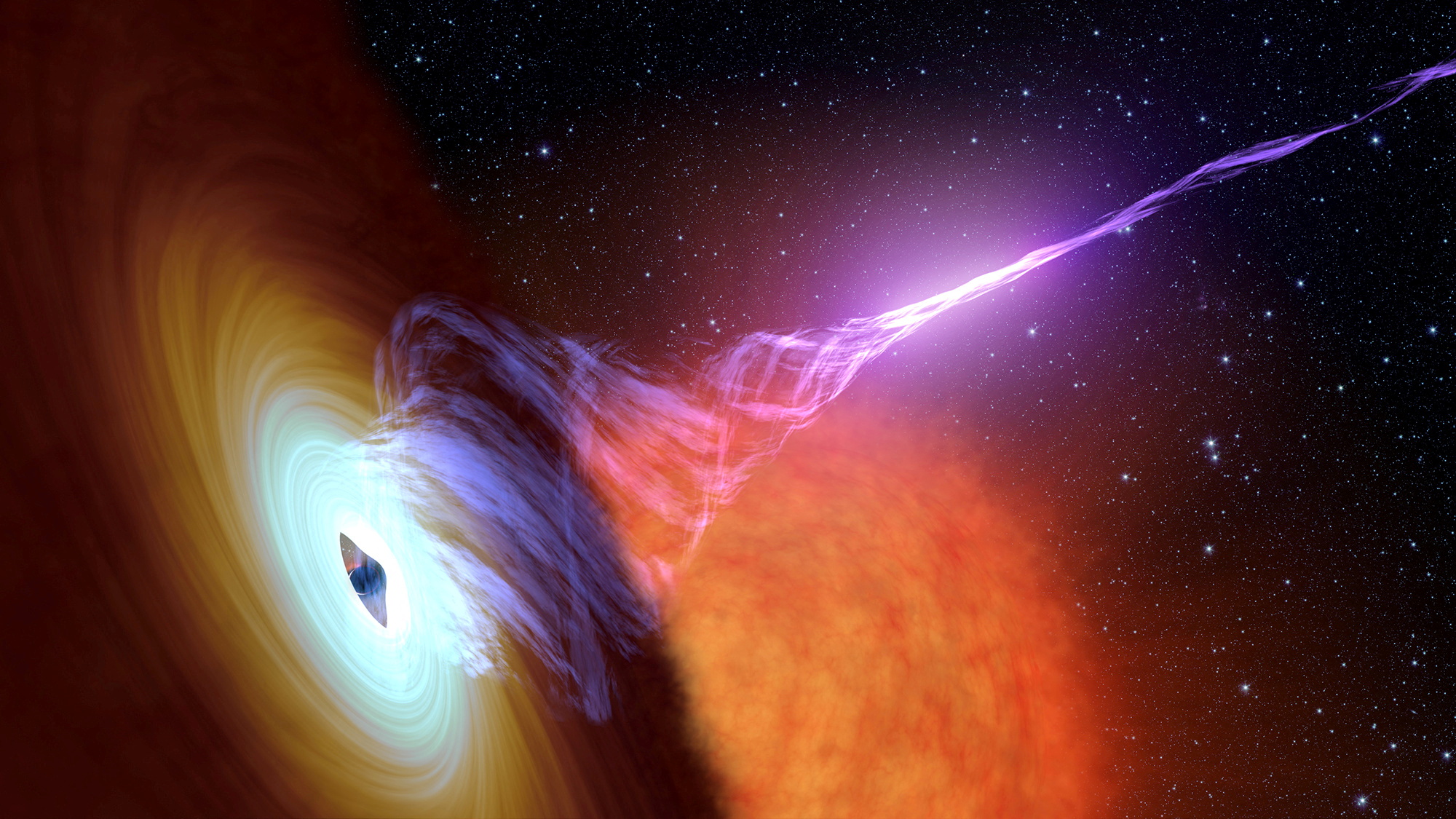This artist?s concept released October 30, 2017 shows a black hole with an accretion disk - a flat structure of material orbiting the black hole and a jet of hot gas, called plasma