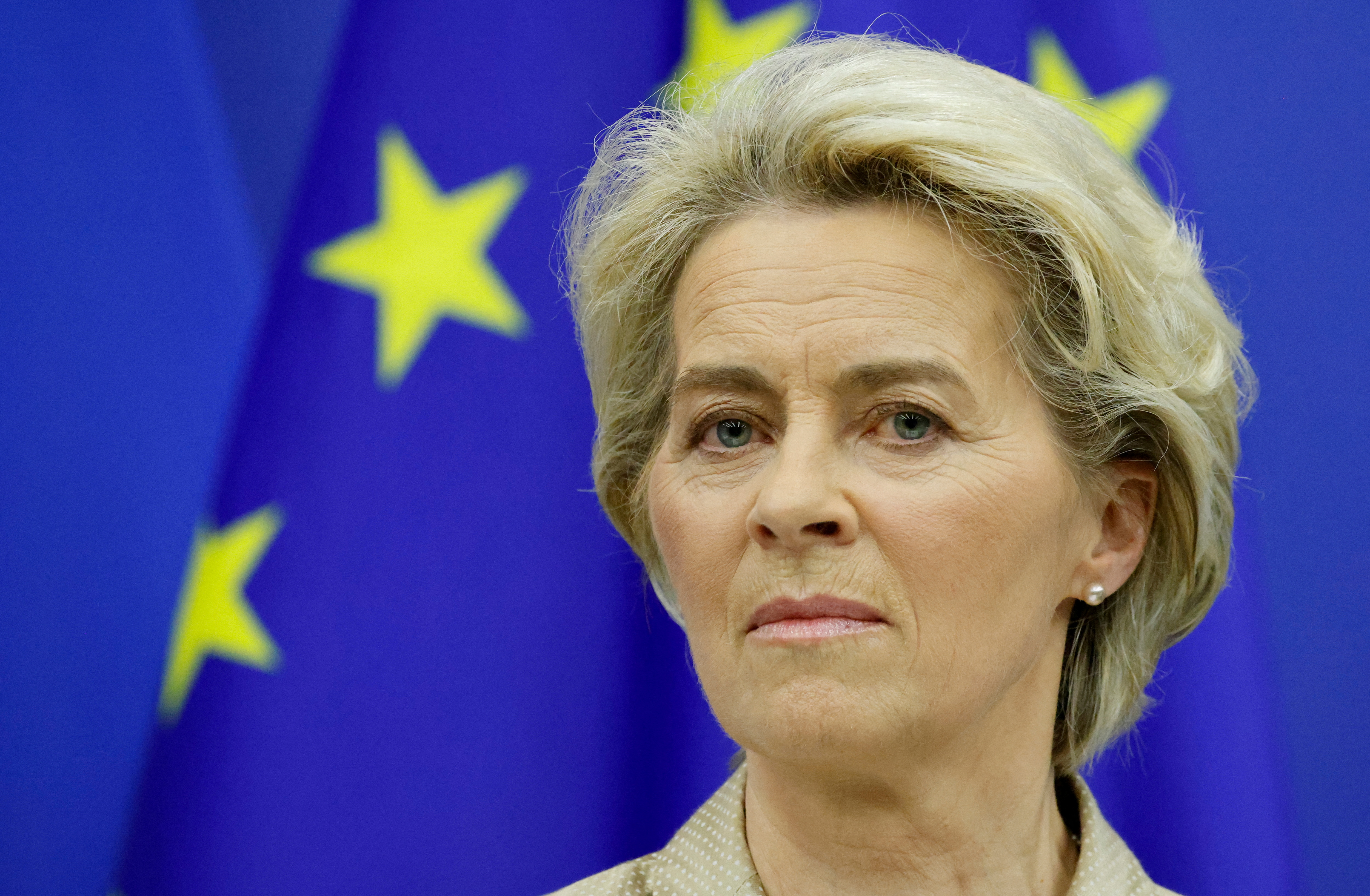 European Commission President Ursula von der Leyen speaks during a news conference in Strasbourg, France