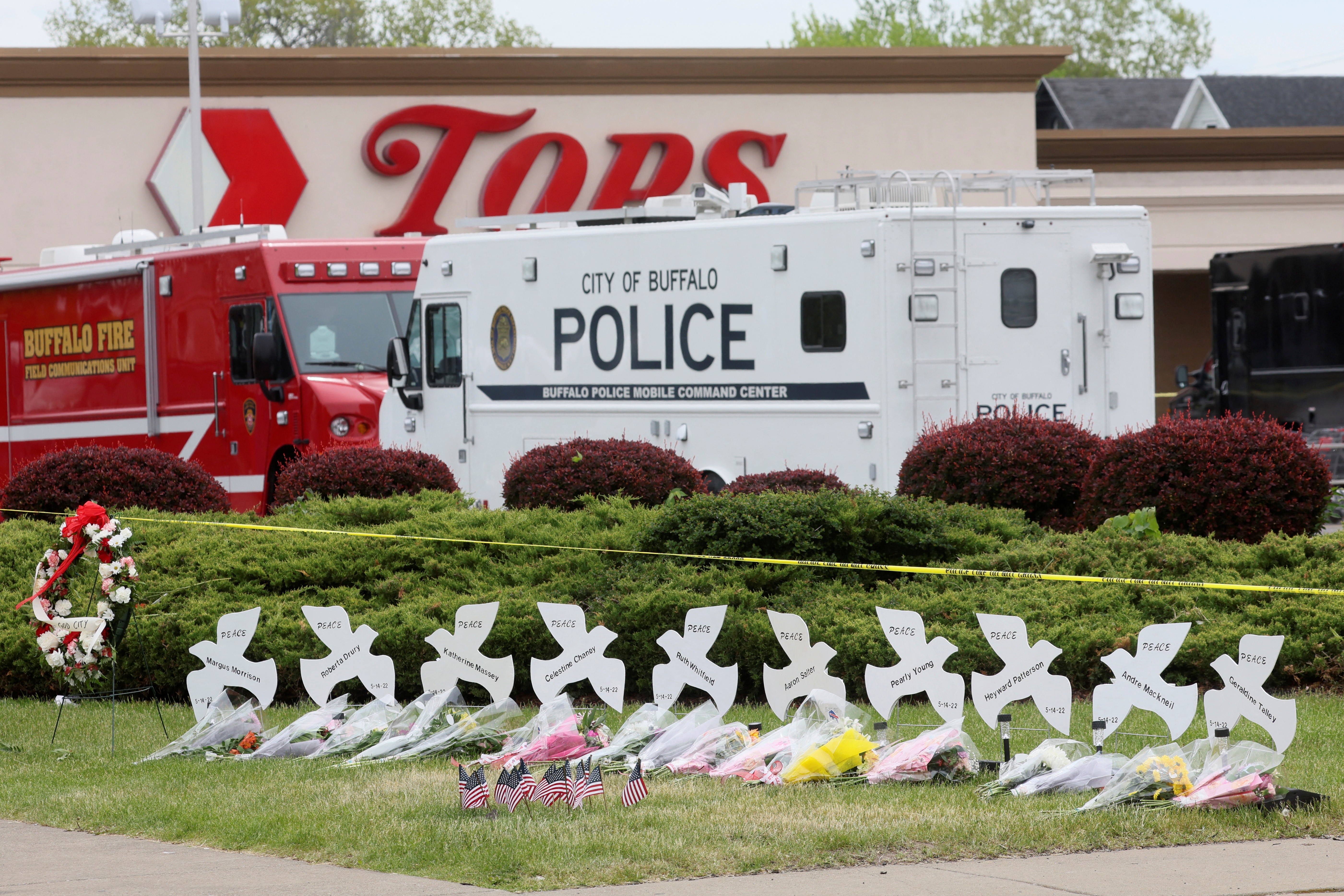 A memorial is seen outside the Buffalo grocery store where 10 Black people were killed in a shooting