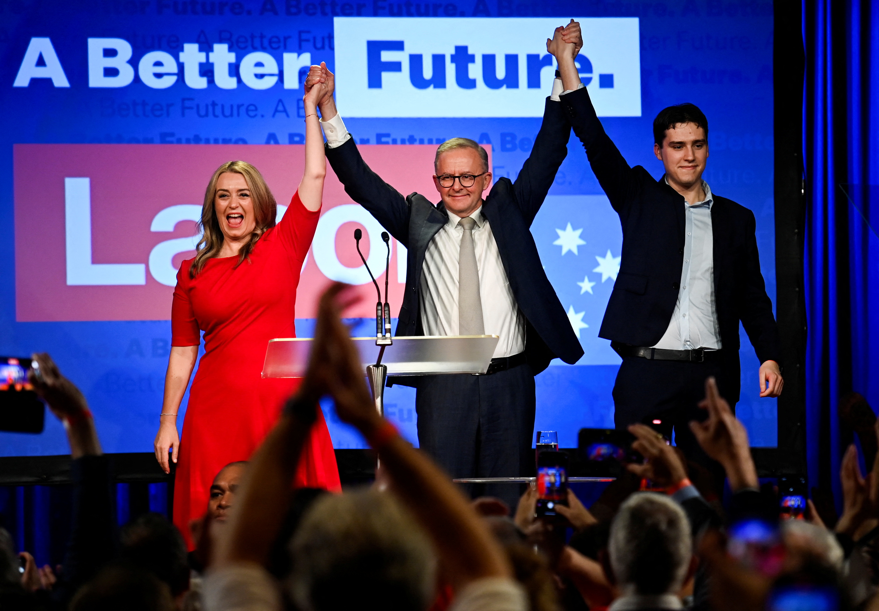 Anthony Albanese, leader of Australia's Labor Party addresses his supporters